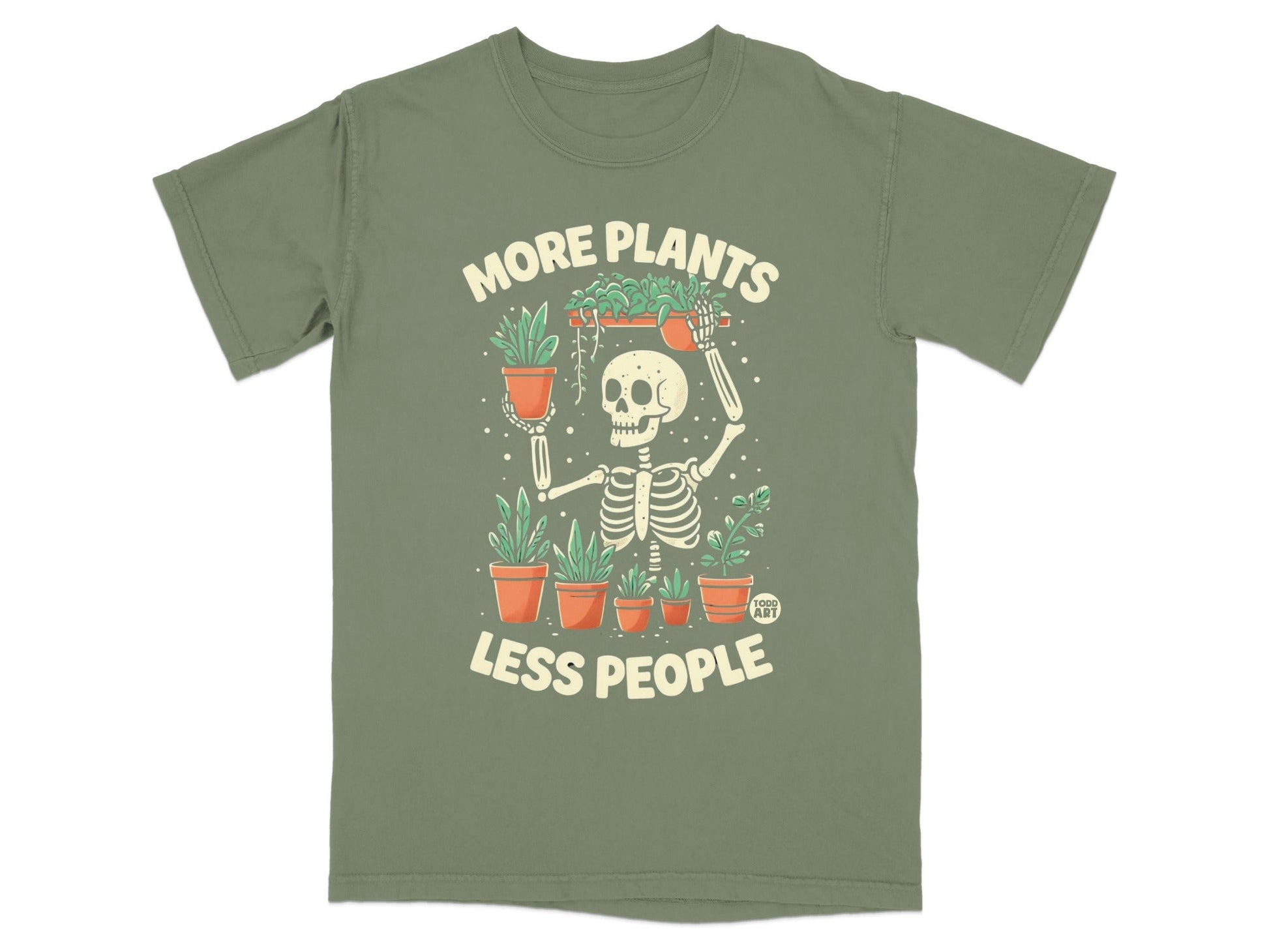 Skeleton holding potted plants with text "More Plants Less People".