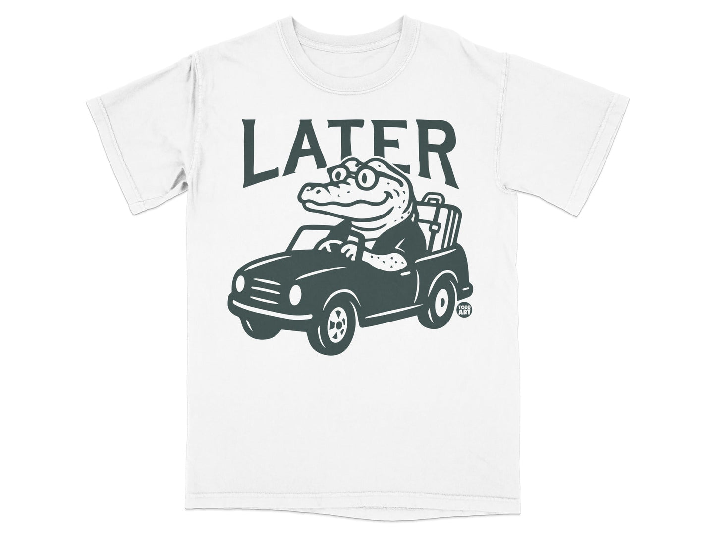 Alligator in a convertible with glasses, "LATER" text above.