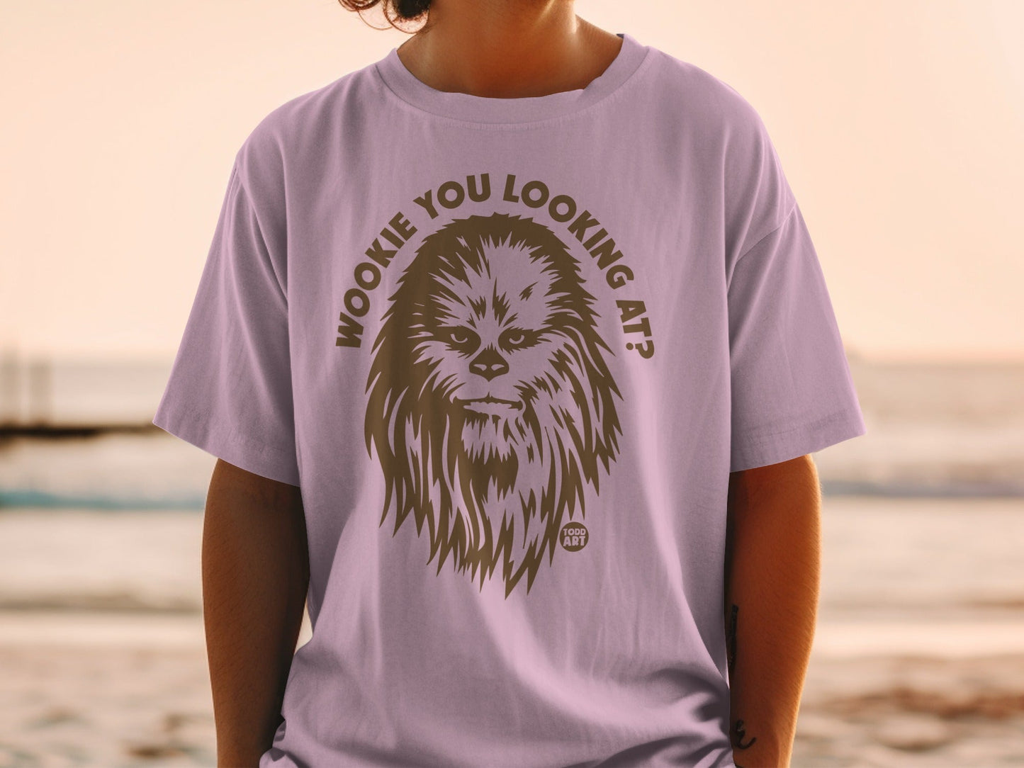 Purple t-shirt with Chewbacca graphic and "Wookiee you looking at?" text.