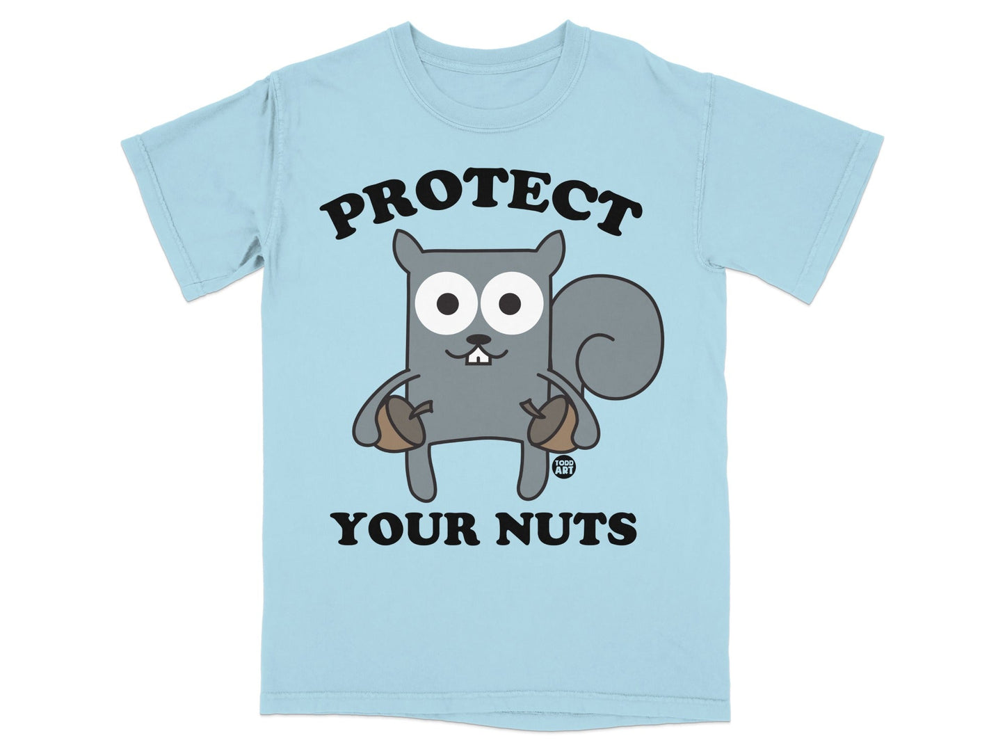 Light blue t-shirt with cartoon squirrel holding acorns and text "PROTECT YOUR NUTS".