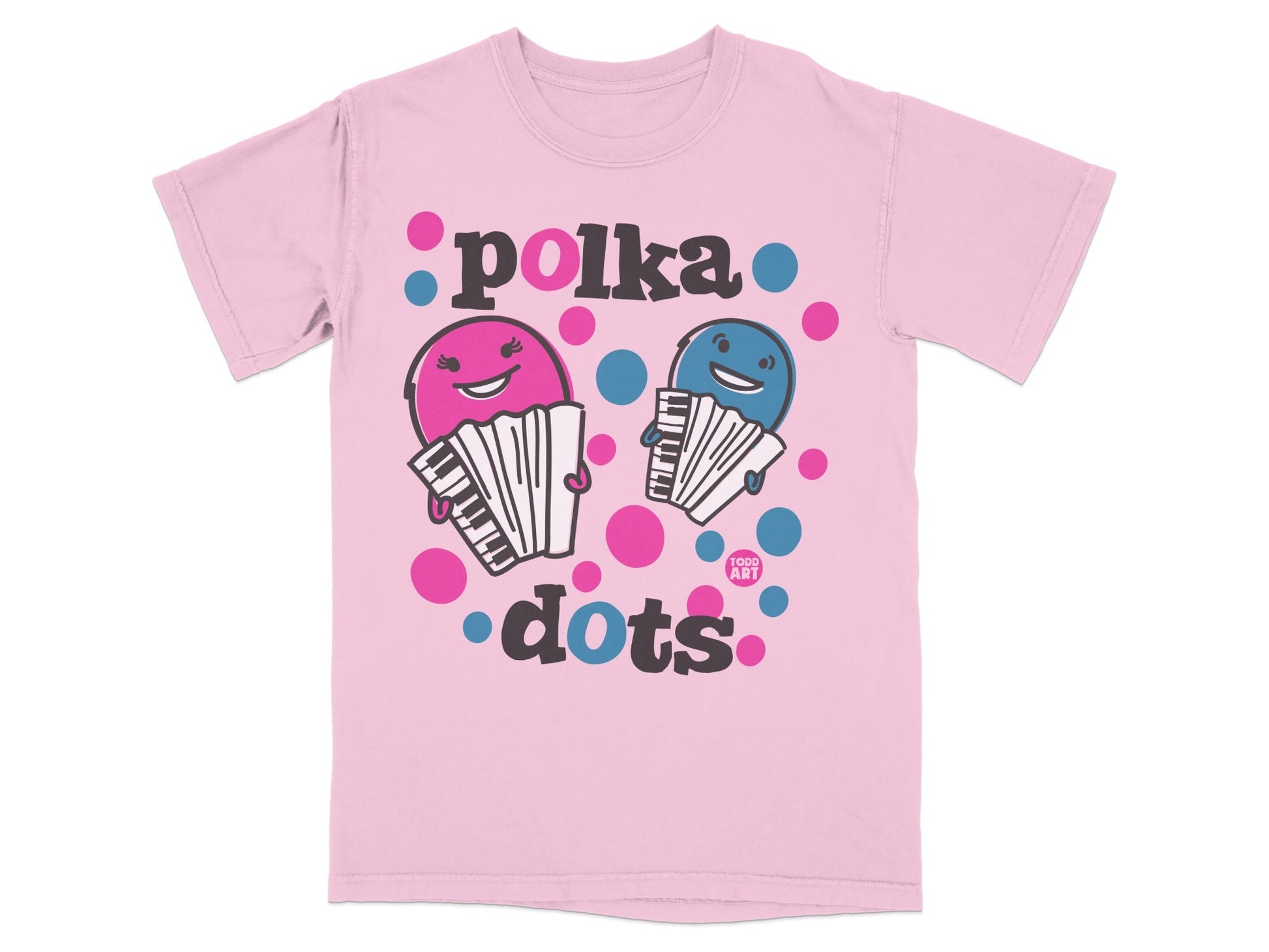 Pink t-shirt with blue and pink polka dots and cartoon accordions.