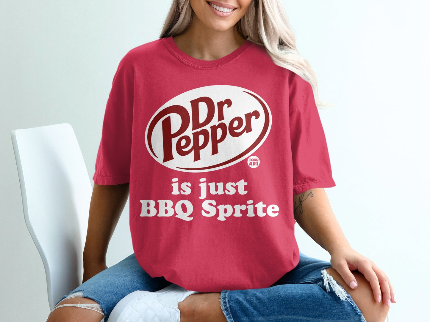 Crimson t-shirt with Dr Pepper logo and "is just BBQ Sprite" text.