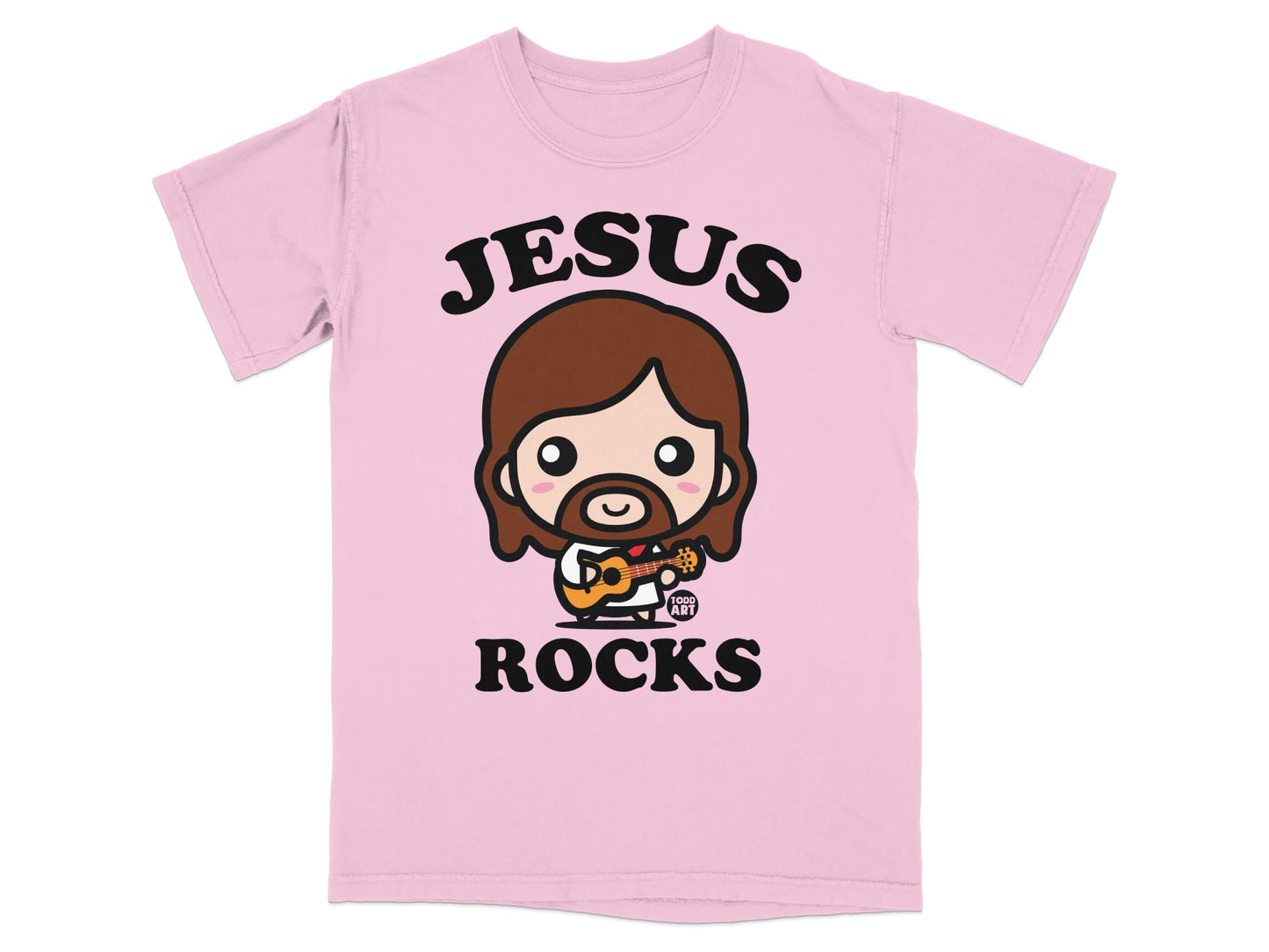 Pink t-shirt with cartoon Jesus playing guitar, text reads "JESUS ROCKS".