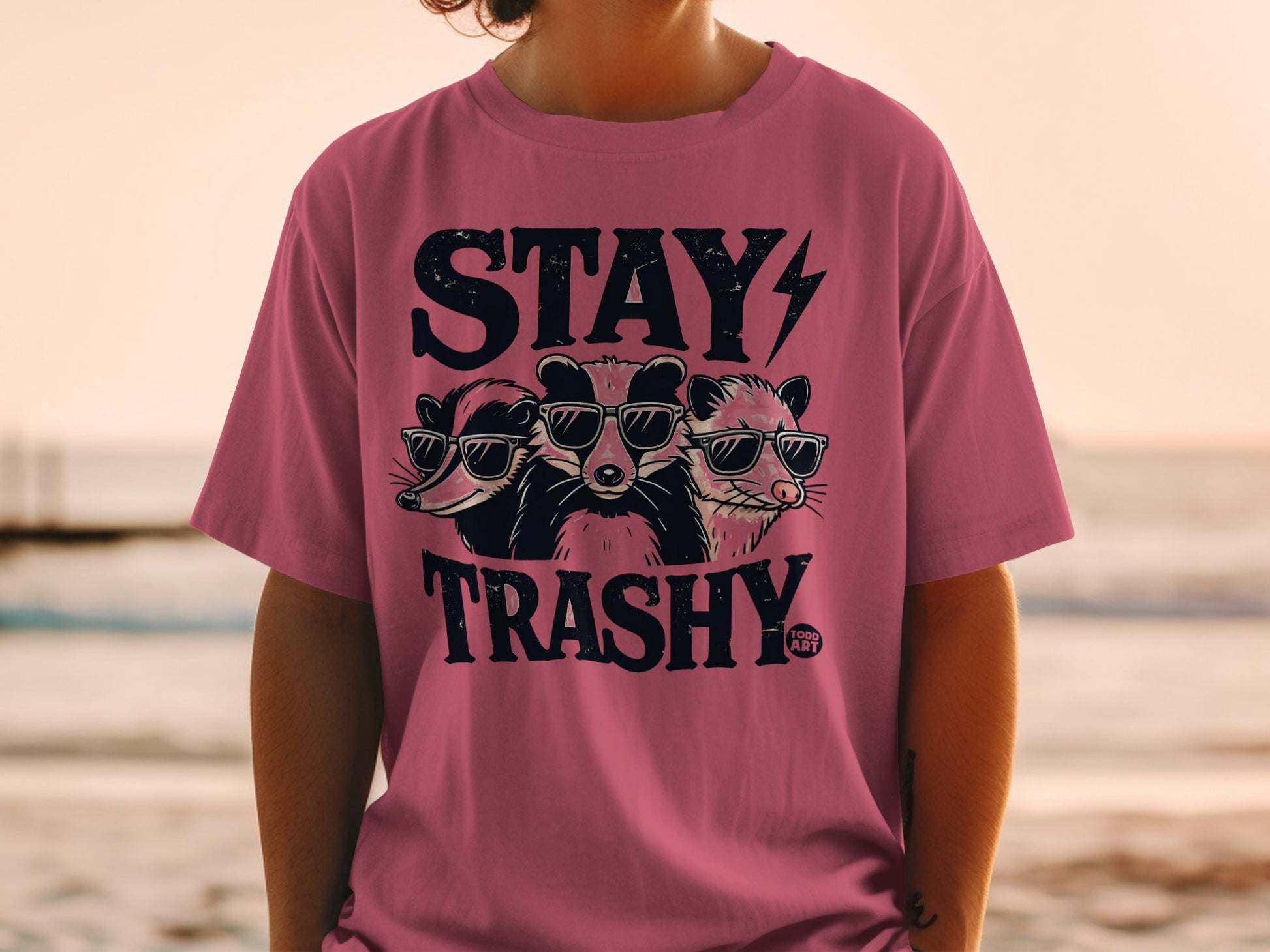 Three raccoons wearing sunglasses and a lightning bolt graphic on a pink t-shirt.