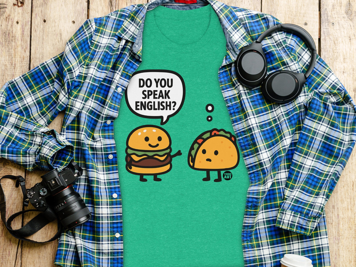 Fun Cartoon Burger and Taco Do You Speak English Shirt