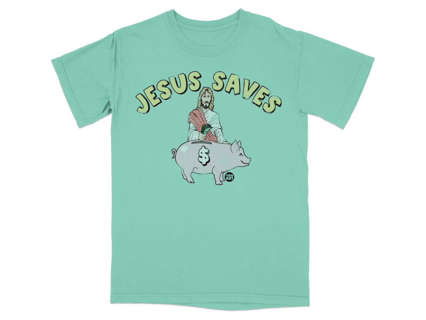 Mint t-shirt with Jesus and a piggy bank, text reads "Jesus Saves".