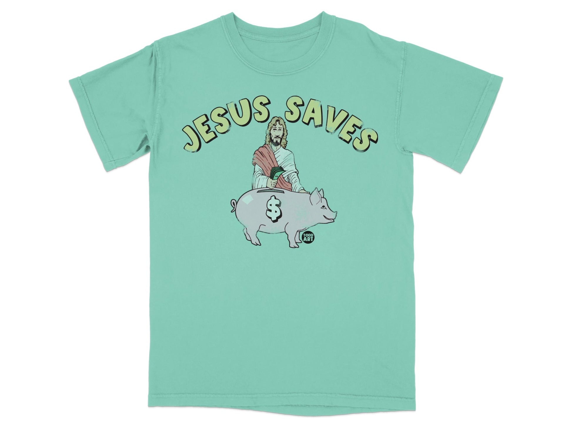Mint t-shirt with Jesus and a piggy bank, text reads "Jesus Saves".