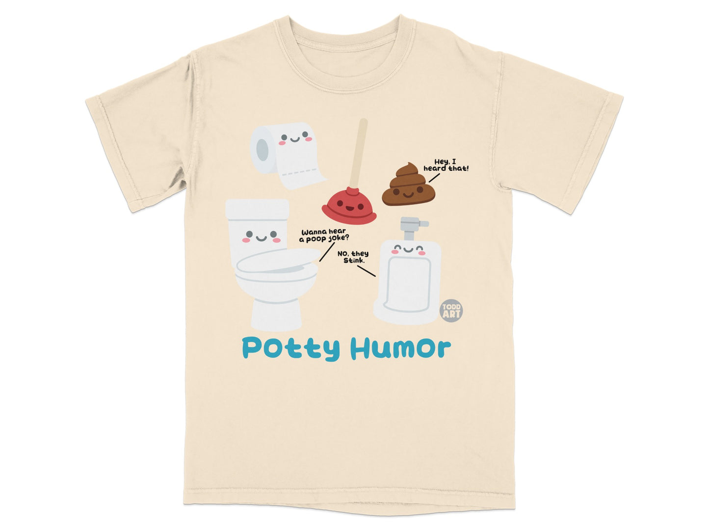 Toilet paper, plunger, and poop characters with speech bubbles, "Potty Humor" text.