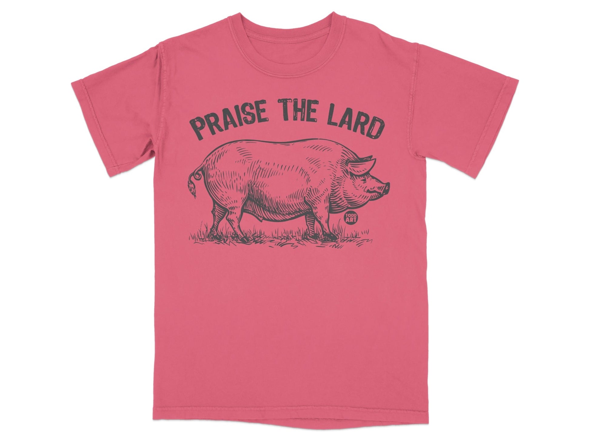 Coral t-shirt with a vintage drawing of a pig and "Praise the Lard" text.