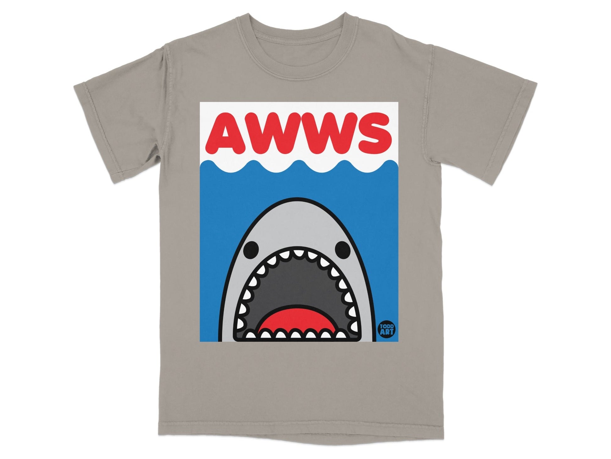 Cartoon shark with open mouth and AWWS text on a grey t-shirt.