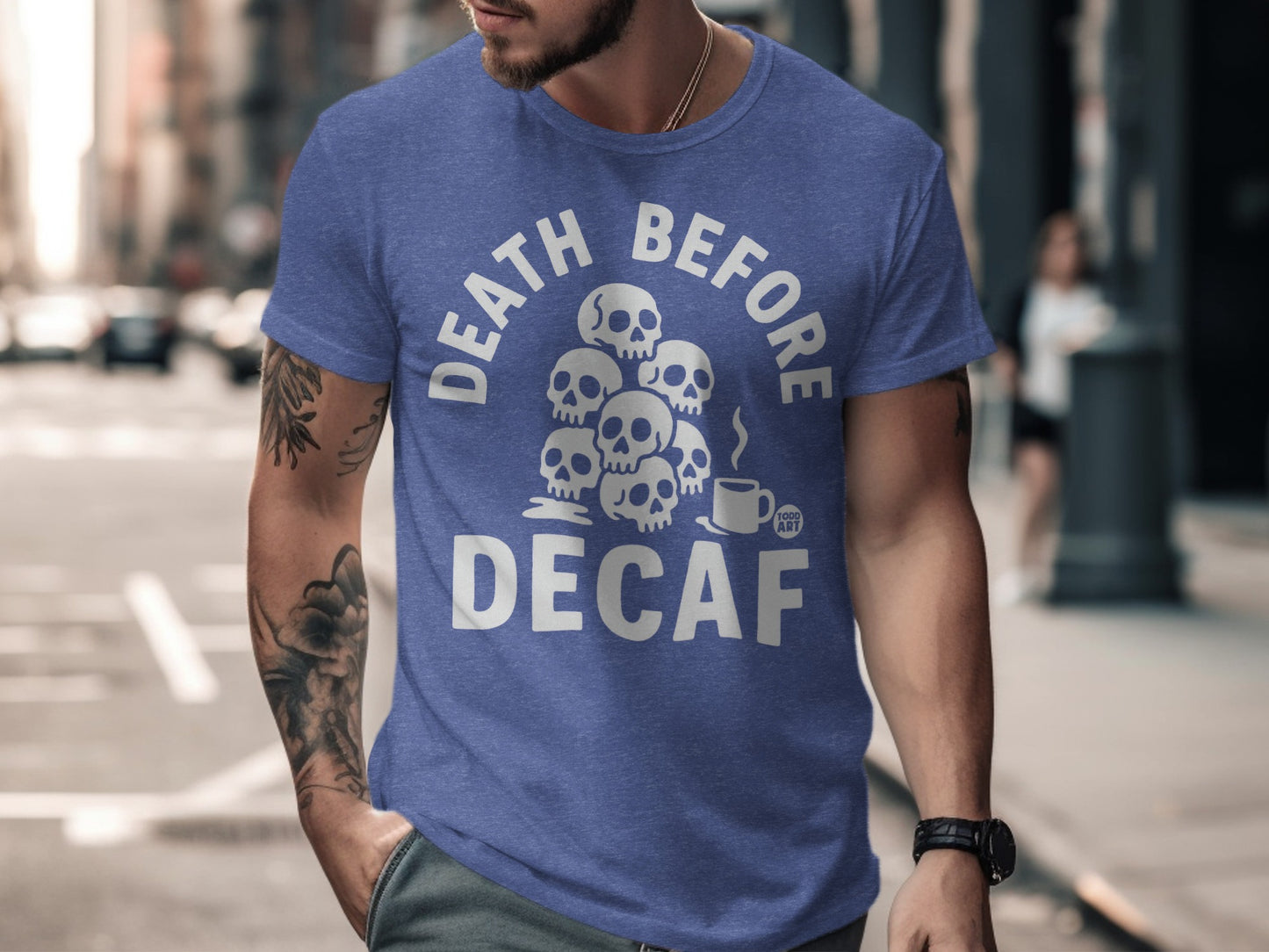 Death Before Decaf Skulls and Coffee Cup Graphic Shirt