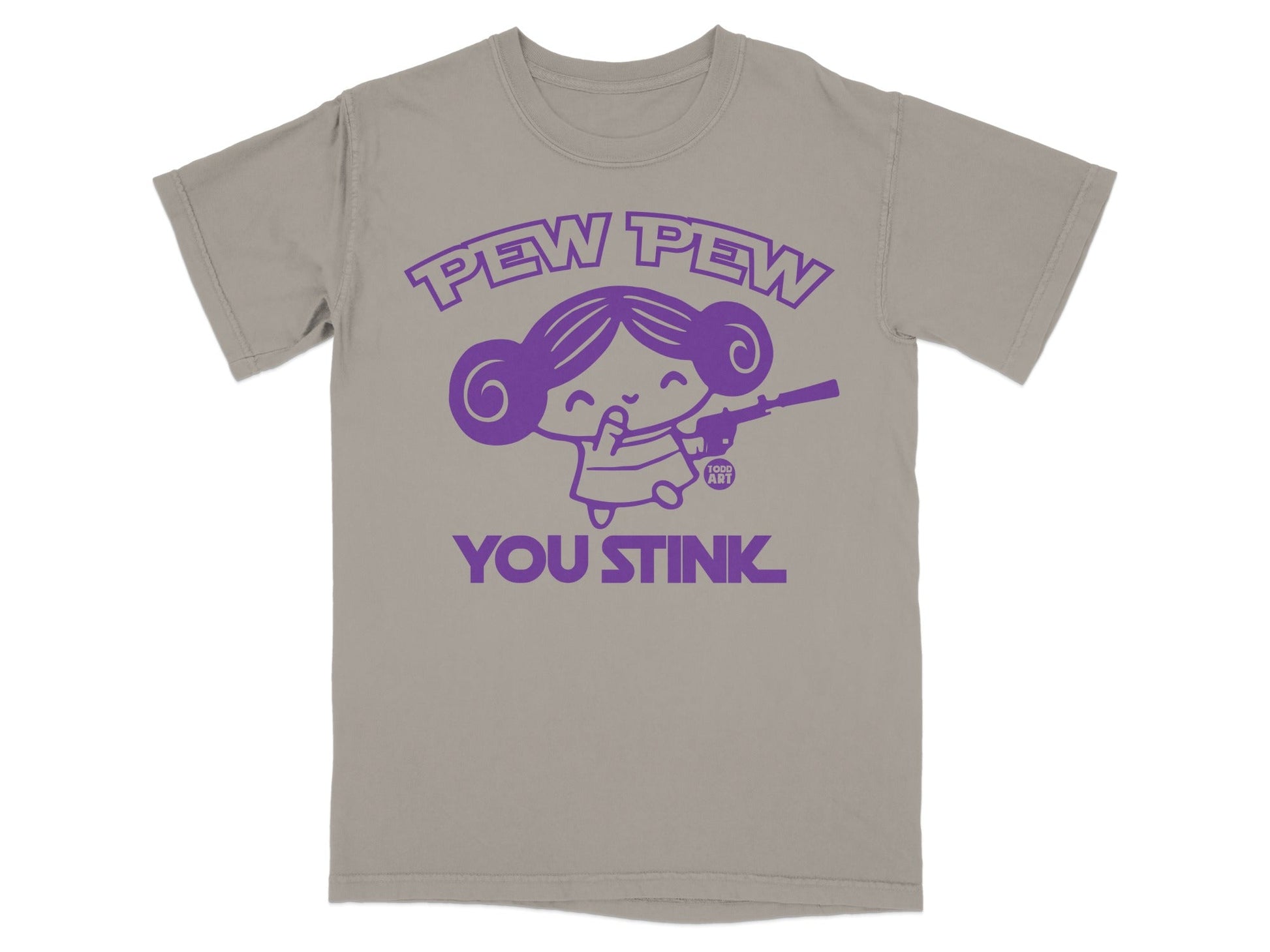T-shirt with cartoon girl saying "Pew Pew You Stink" and holding a laser gun.