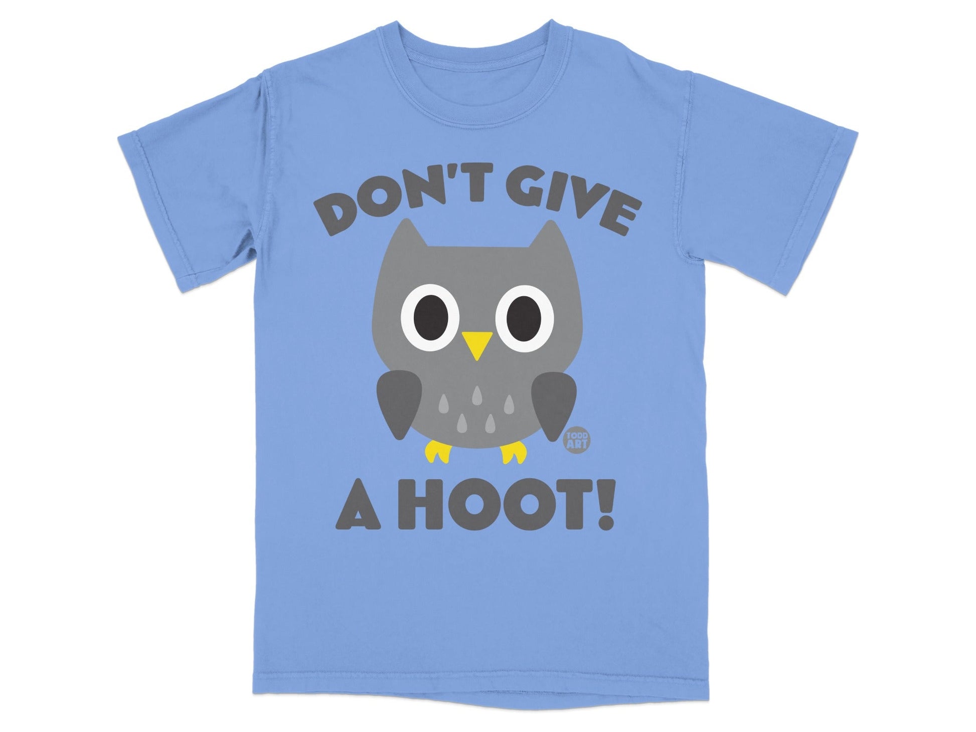 Blue t-shirt with gray owl illustration and text "DON'T GIVE A HOOT!".