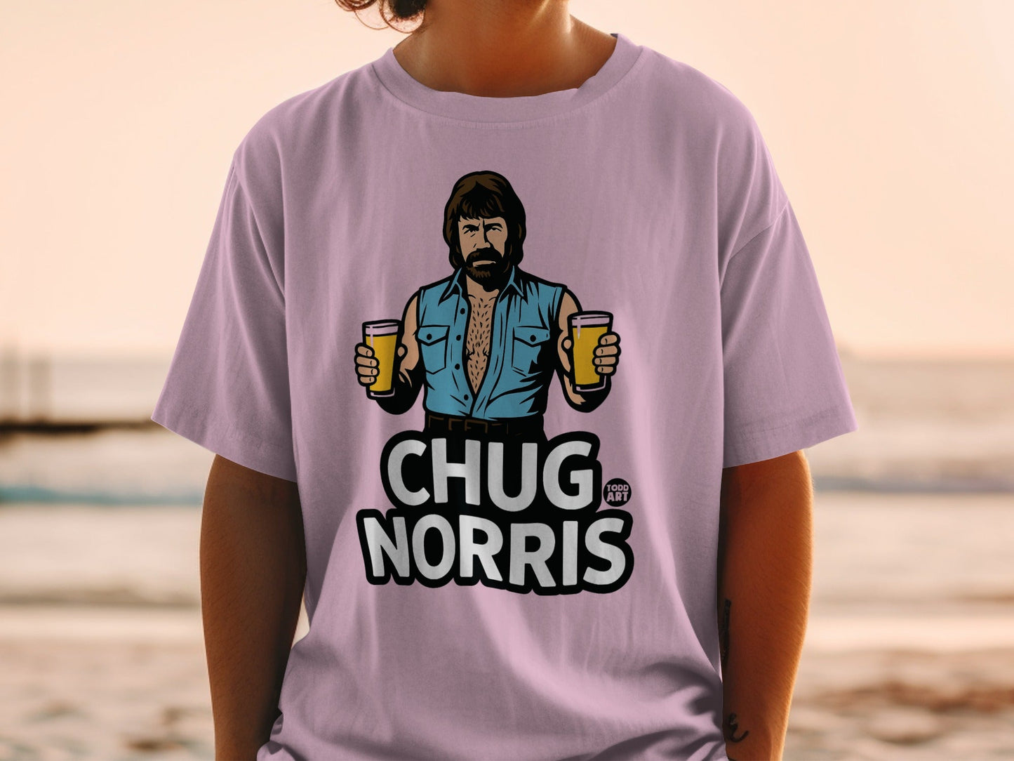 Chug Norris t-shirt with cartoon Chuck Norris holding two beers.