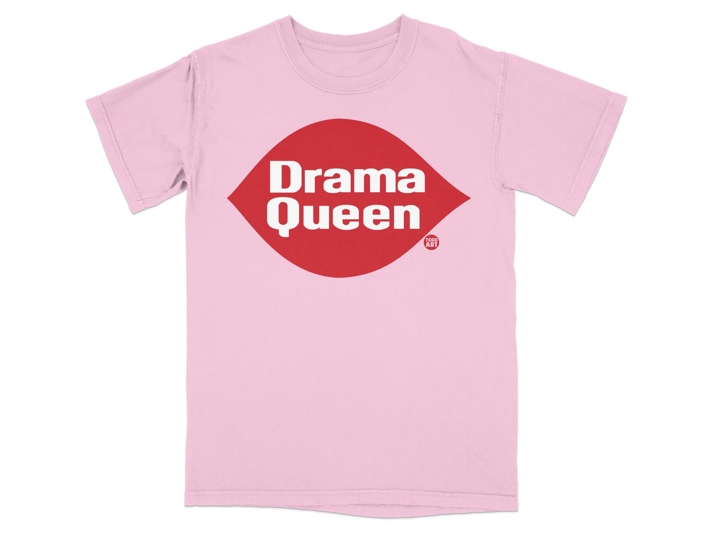 Pink t-shirt with red "Drama Queen" text inside a white lip shape.