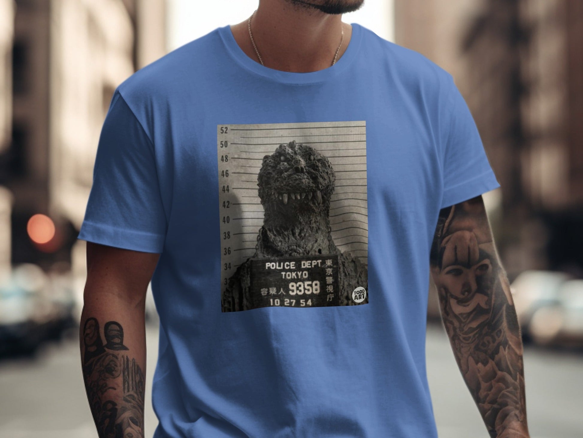 Godzilla mugshot with "Tokyo Police Dept." text and numbers.