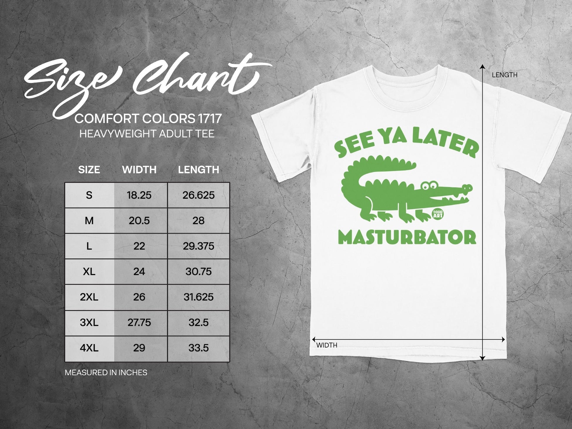 Comfort Colors 1717 size chart for heavyweight adult tee with crocodile graphic.