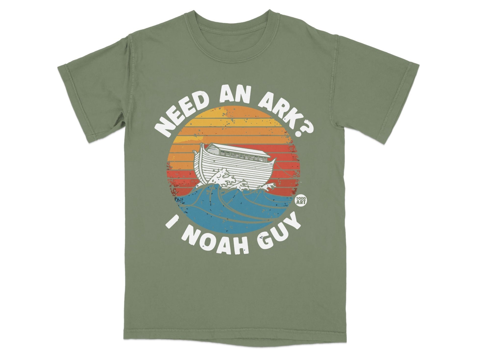Green t-shirt with "Need an ark? I Noah guy" and Noah's Ark graphic.