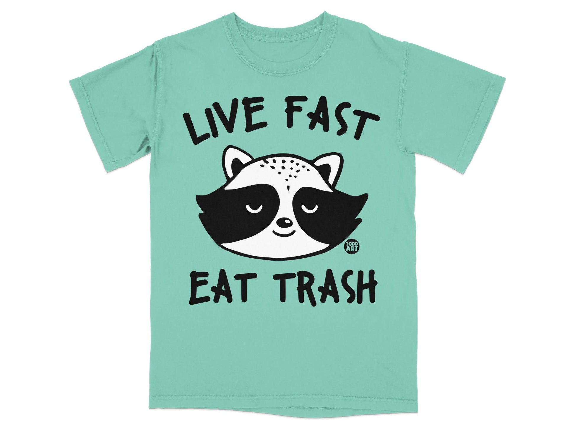 Teal t-shirt with raccoon graphic and text "LIVE FAST EAT TRASH".