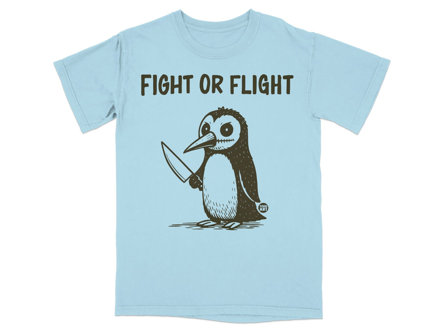Light blue t-shirt with a cartoon penguin holding a knife.