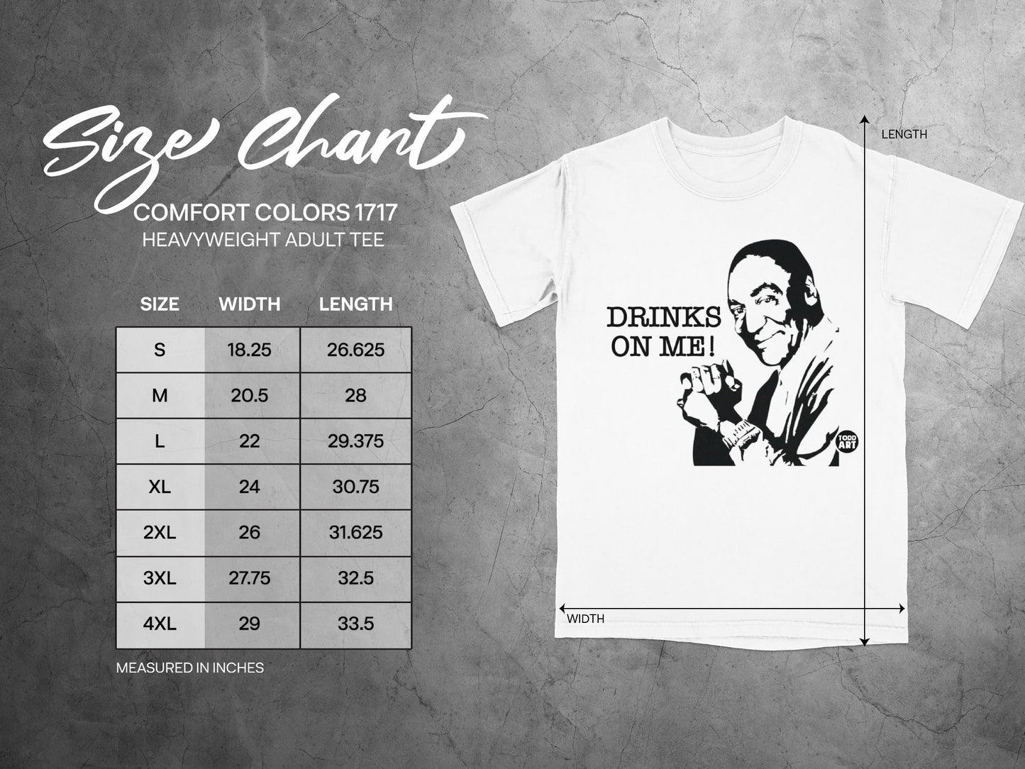 Size chart for Comfort Colors 1717 heavyweight adult tee with graphic.