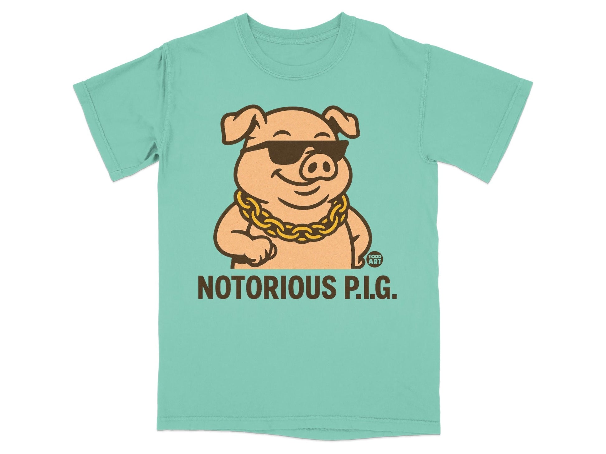Mint green t-shirt with cartoon pig wearing sunglasses and gold chain, reads "NOTORIOUS P.I.G."