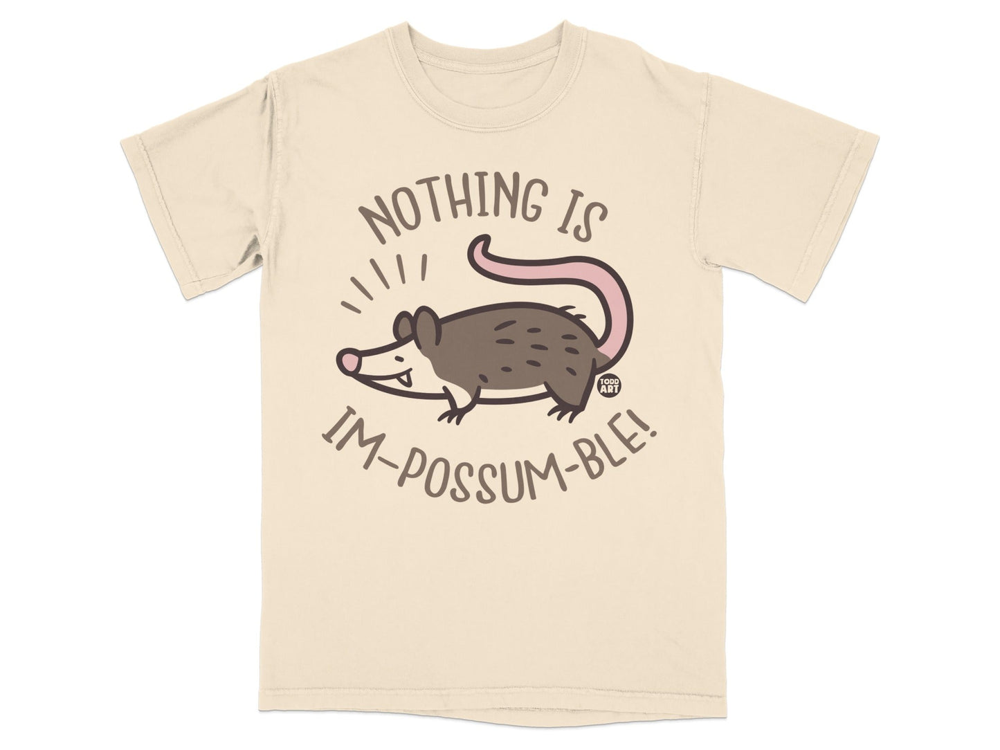 Cream t-shirt with a cartoon opossum and text "Nothing is im-possum-ble!".
