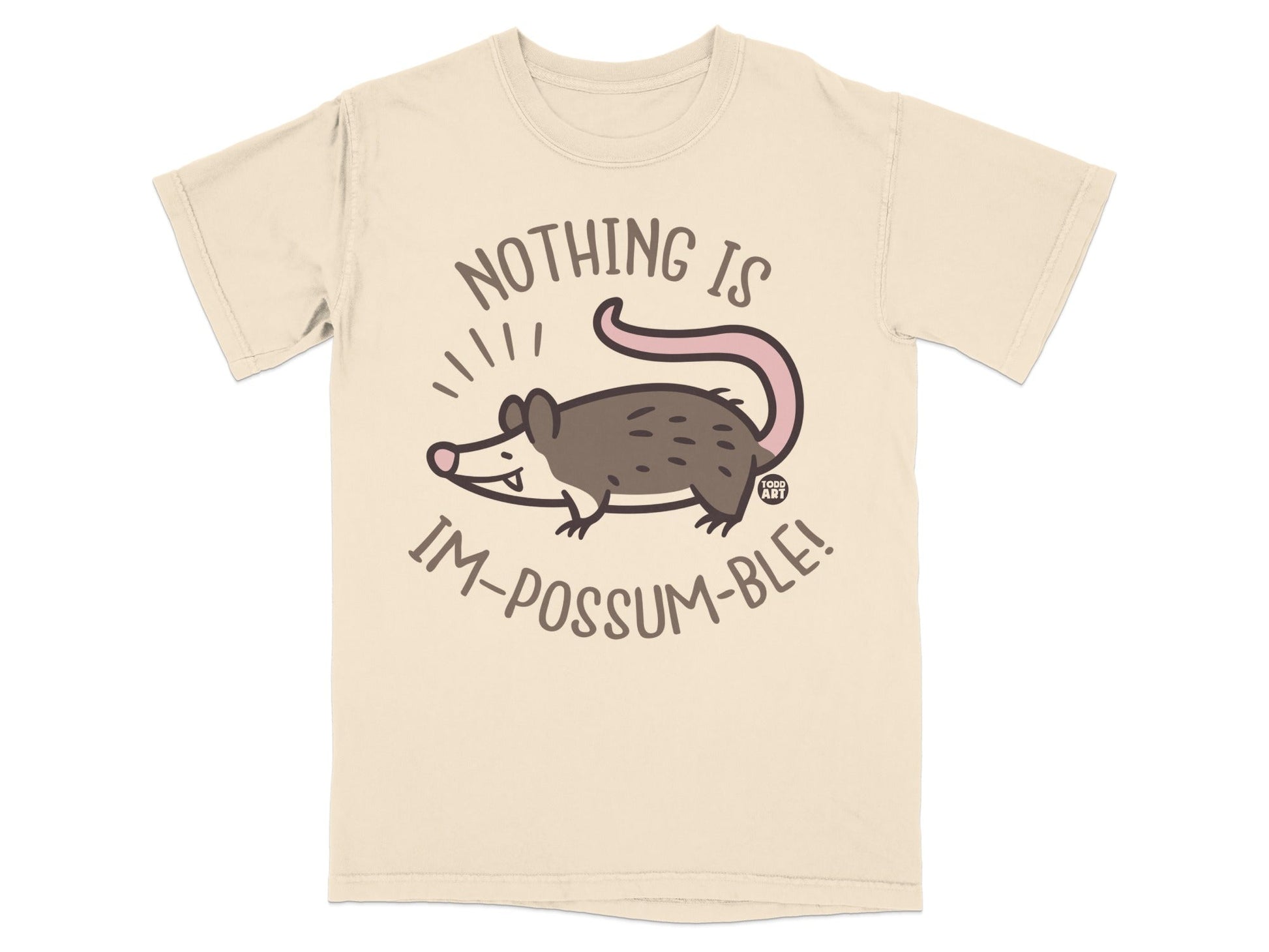 Cream t-shirt with a cartoon opossum and text "Nothing is im-possum-ble!".