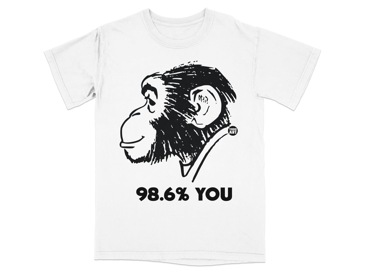 T-shirt with a black and white drawing of a chimpanzee head and text "98.6% YOU".