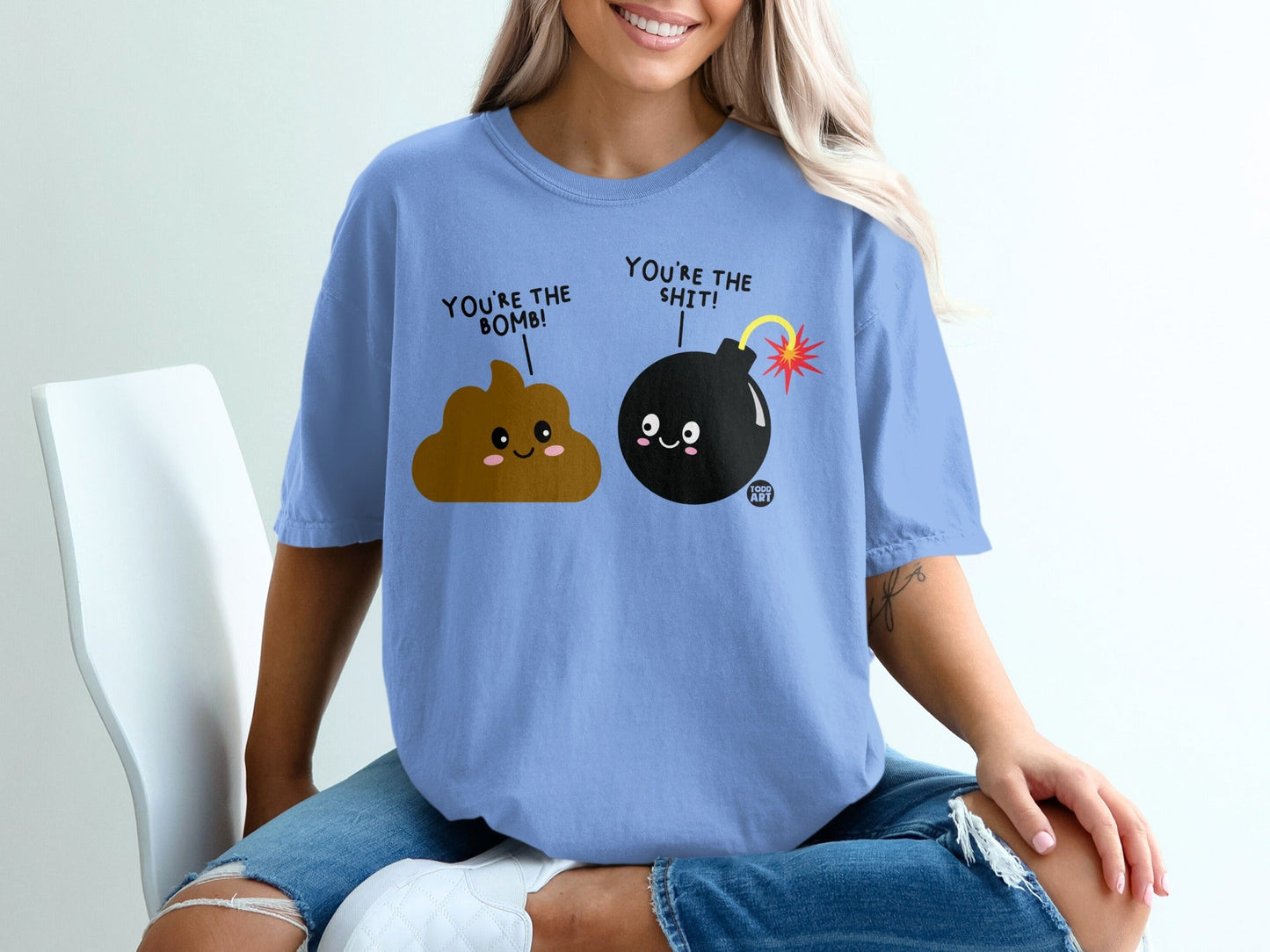 Brown poop emoji and bomb character with text "You're the bomb! You're the shit!".
