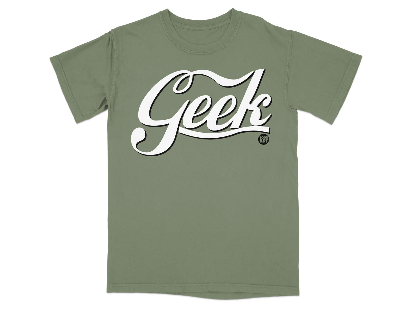 Olive green t-shirt with white "Geek" logo and small "1000 A.M." text.