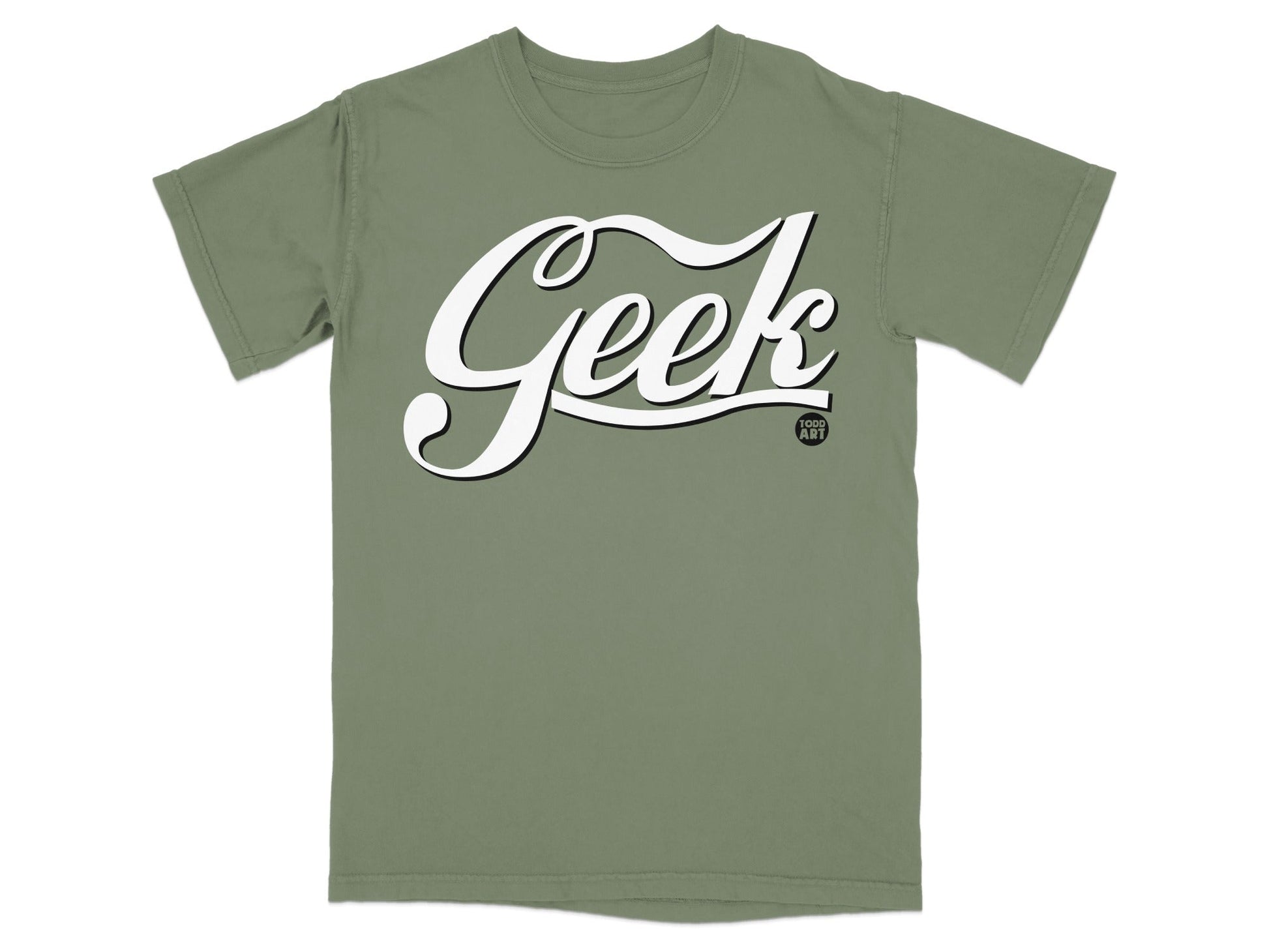 Olive green t-shirt with white "Geek" logo and small "1000 A.M." text.