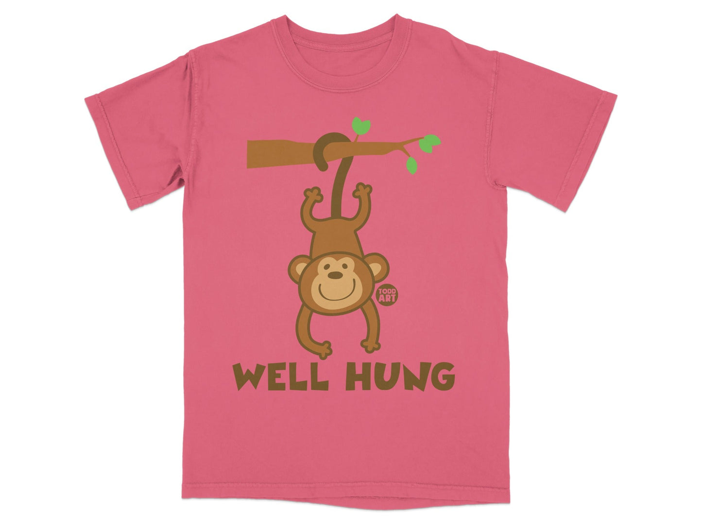 Pink t-shirt with monkey hanging from branch, text "WELL HUNG" and "TODD ART".