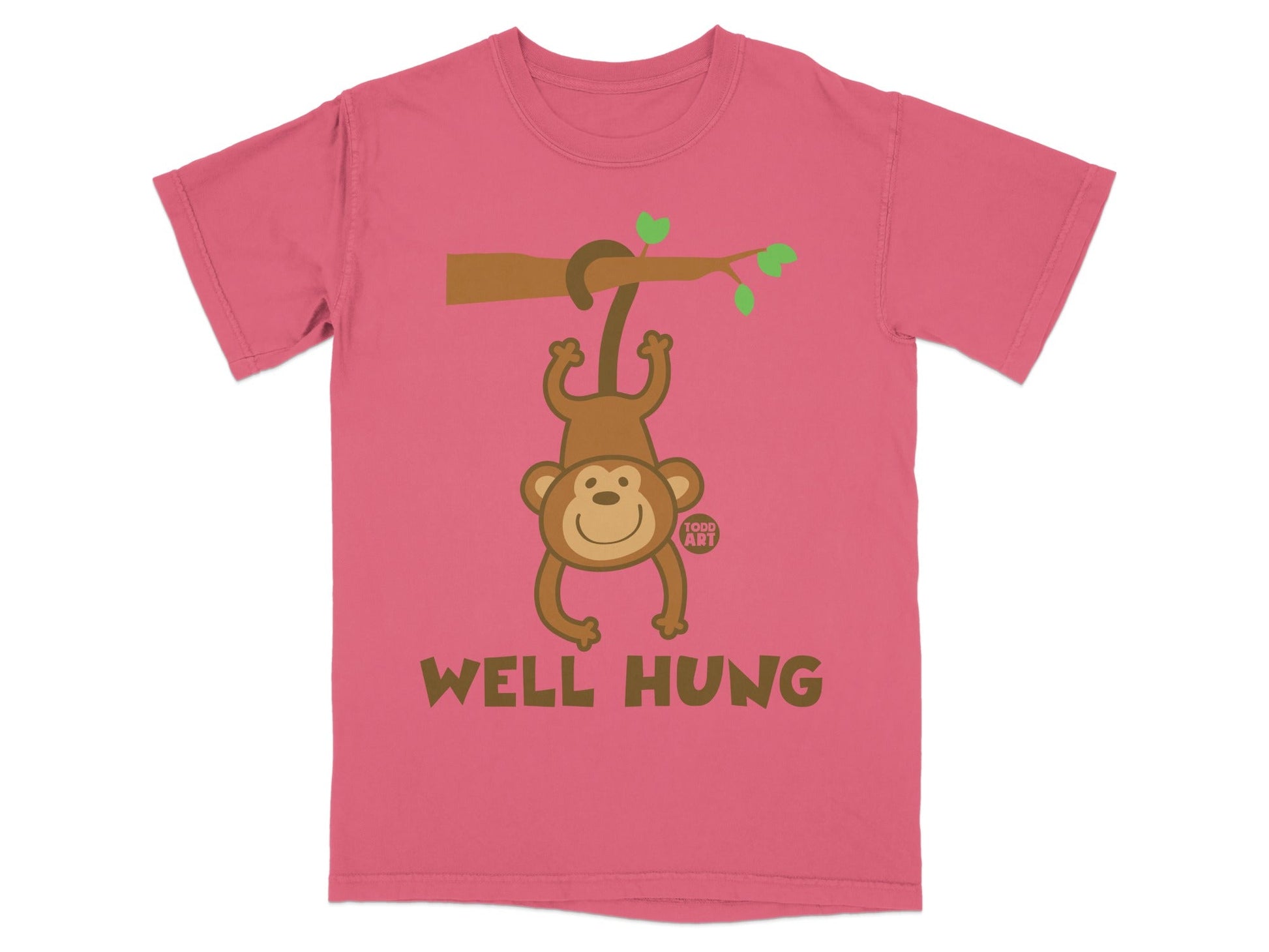 Pink t-shirt with monkey hanging from branch, text "WELL HUNG" and "TODD ART".