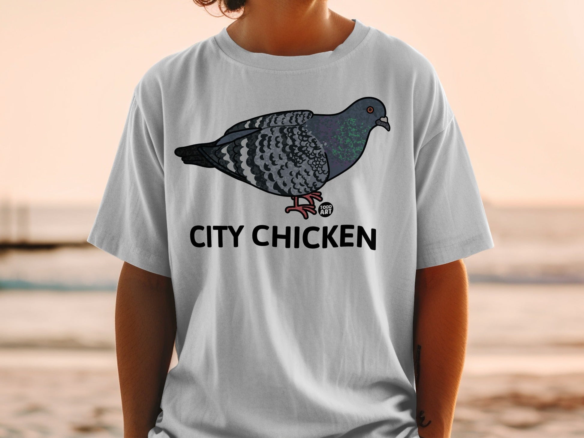 CITY CHICKEN Pigeon Design on White T-Shirt