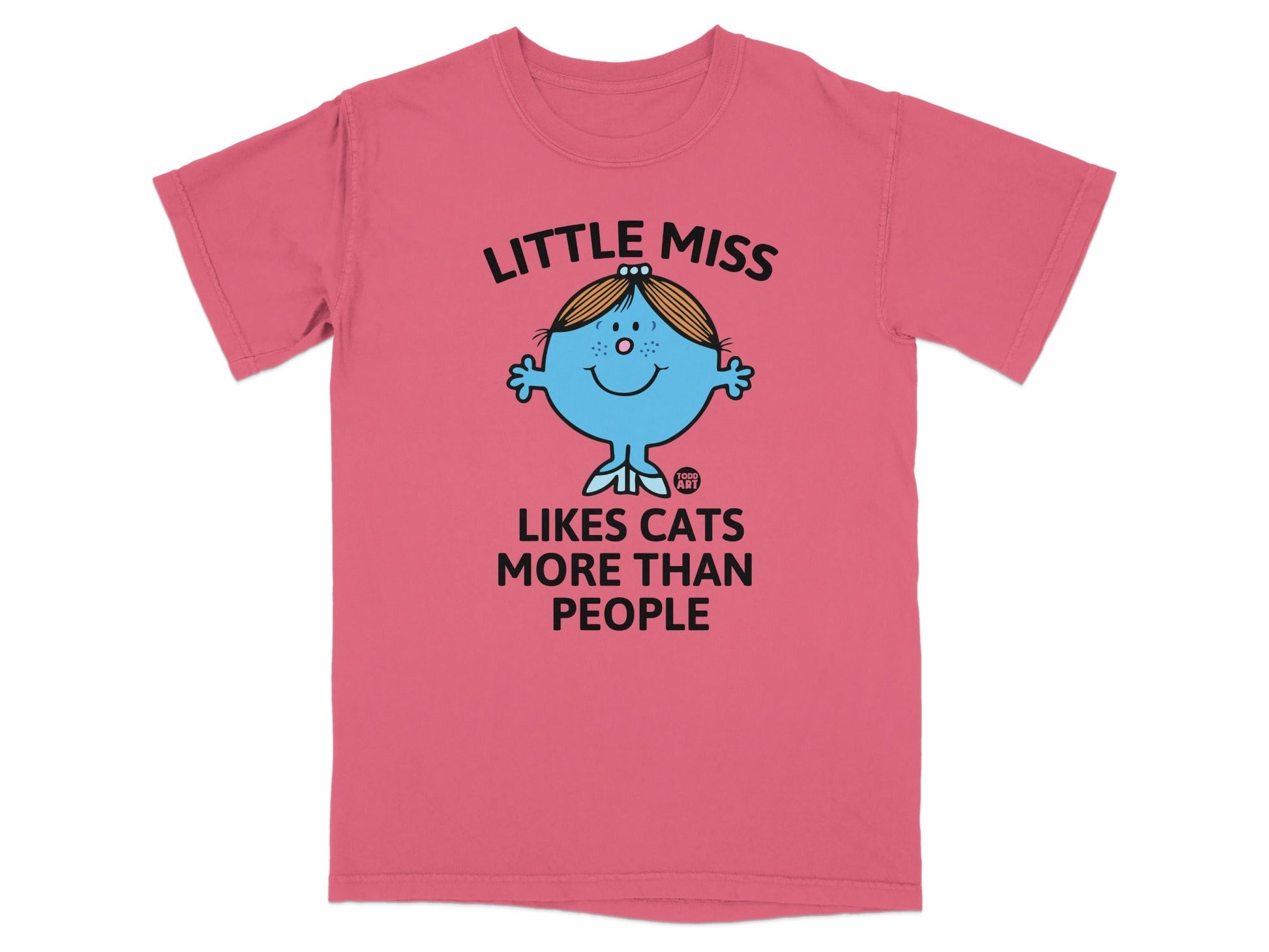 Pink t-shirt with Little Miss character and "LITTLE MISS LIKES CATS MORE THAN PEOPLE" text.