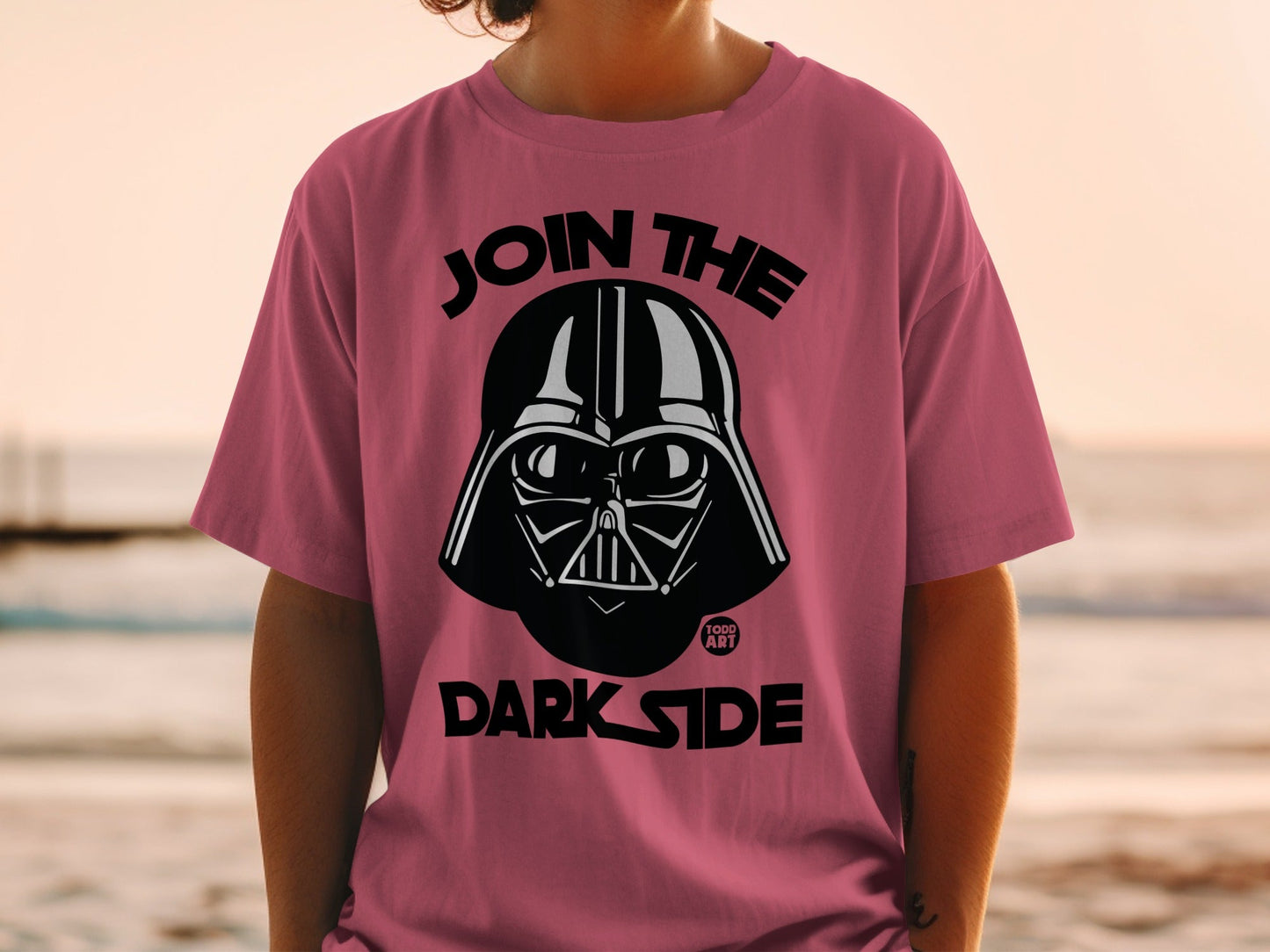 Pink t-shirt with Darth Vader graphic and "Join the Dark Side" text.