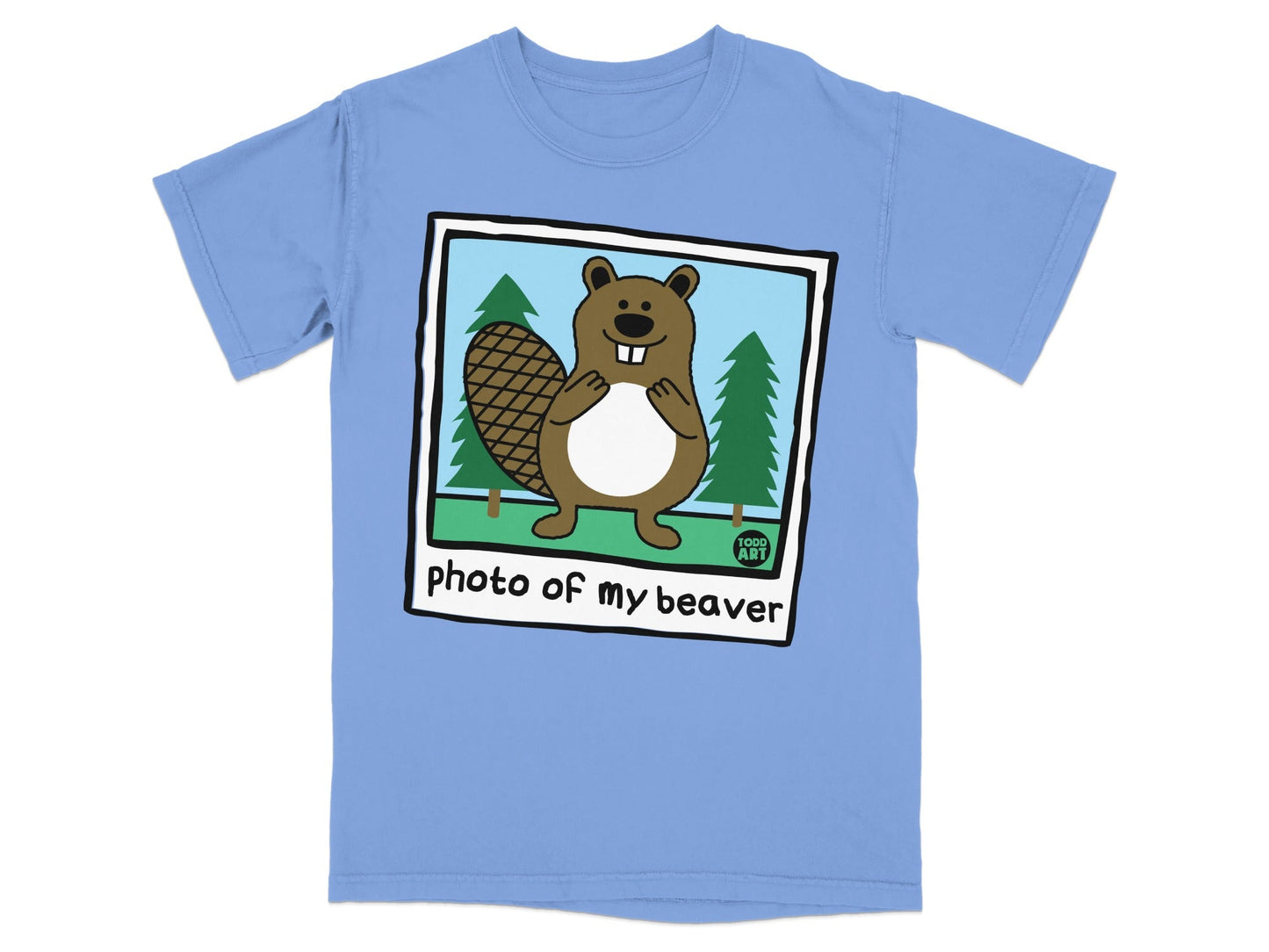 T-shirt featuring a cartoon beaver in a picture frame with "photo of my beaver" text.