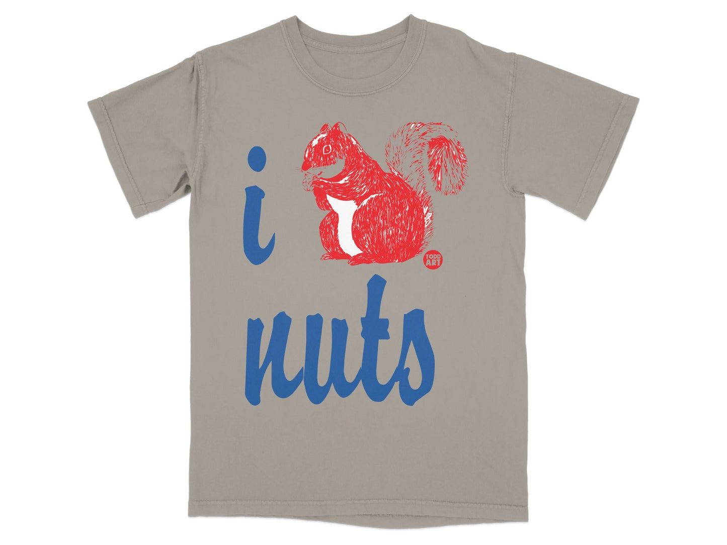 Gray t-shirt with red squirrel and blue "i nuts" text.