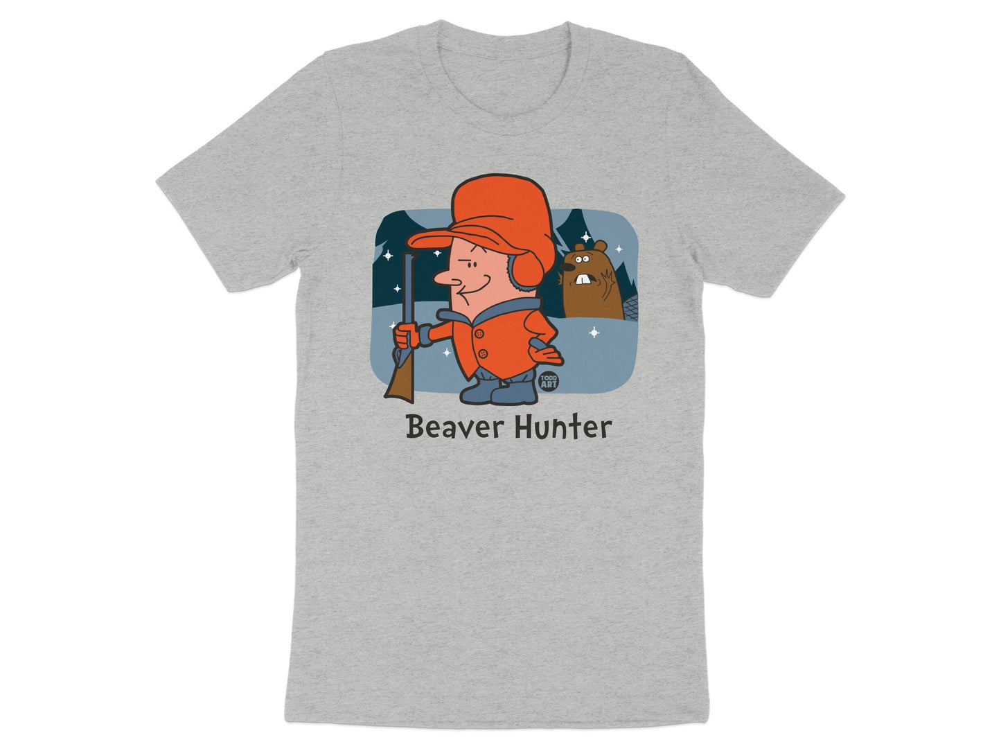 Beaver Hunter Cartoon Print Grey T-shirt