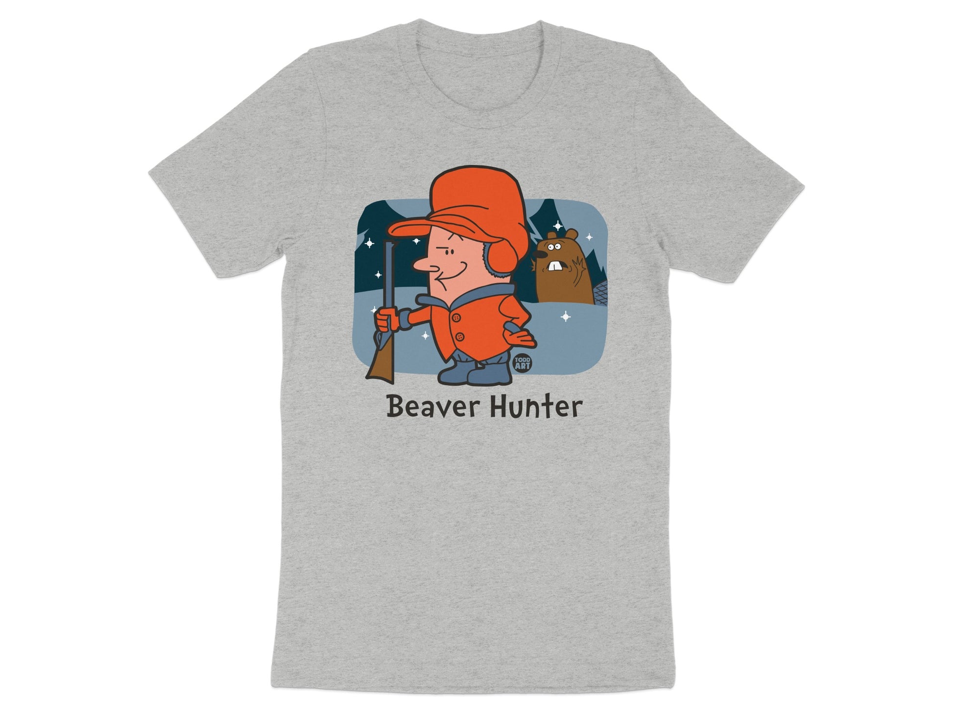 Beaver Hunter Cartoon Print Grey T-shirt