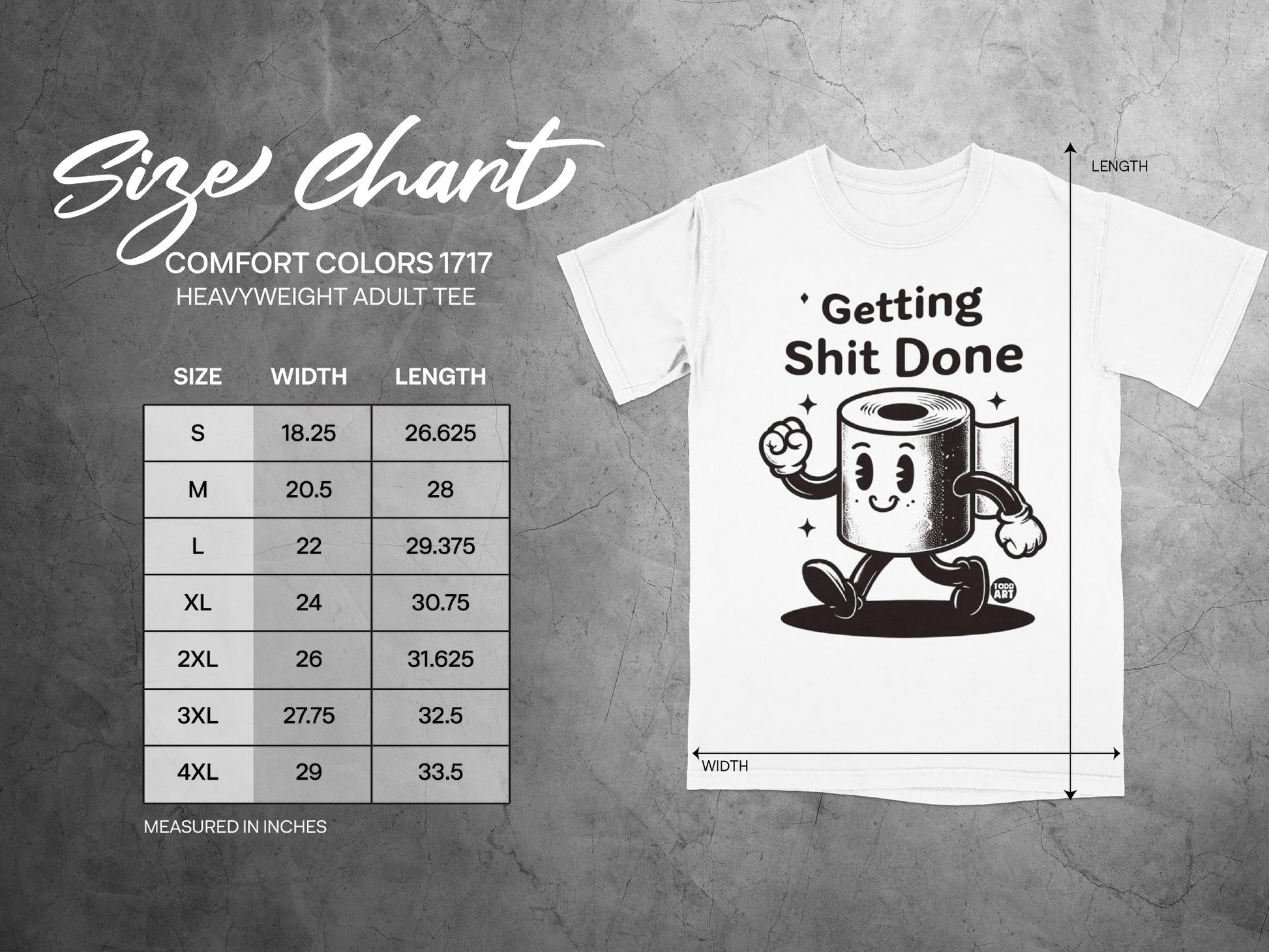 Size chart for Comfort Colors 1717 heavyweight adult tee, featuring cartoon toilet paper.