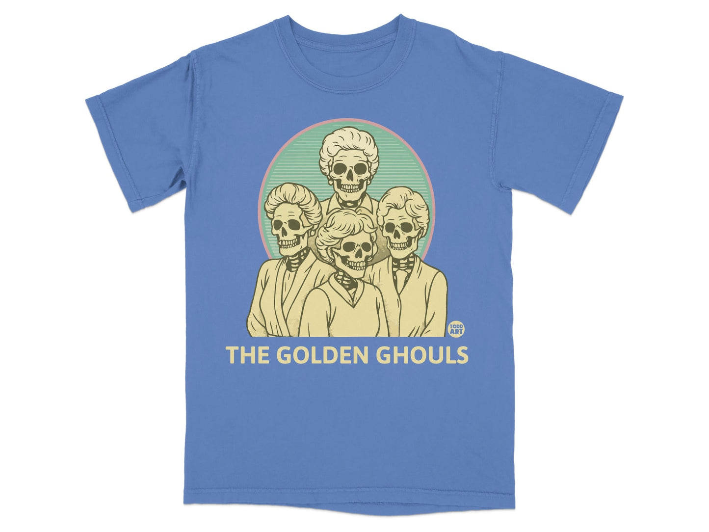 The Golden Ghouls t-shirt features four skeletal figures in a circle.