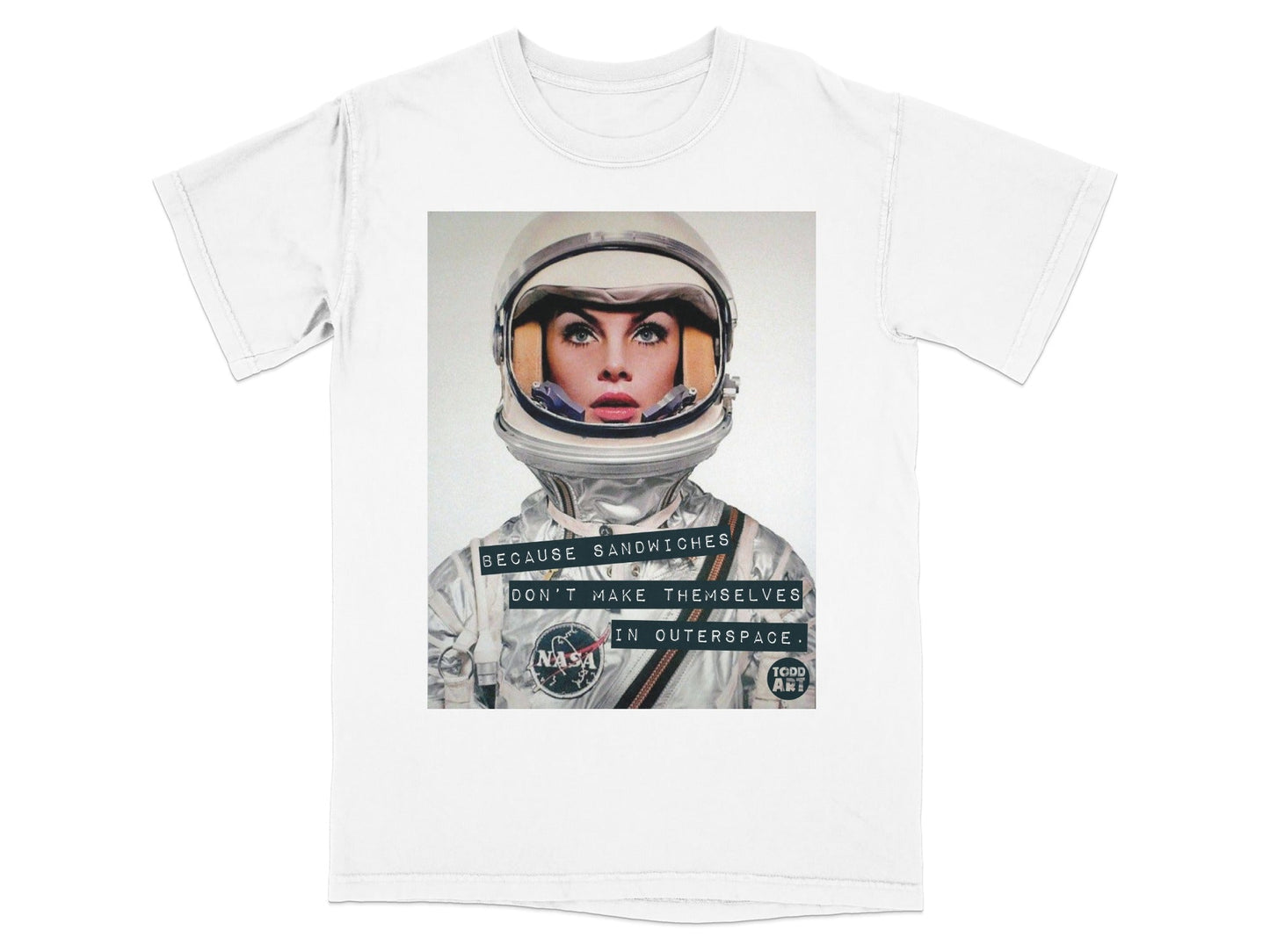 Woman in astronaut helmet with NASA logo and text.