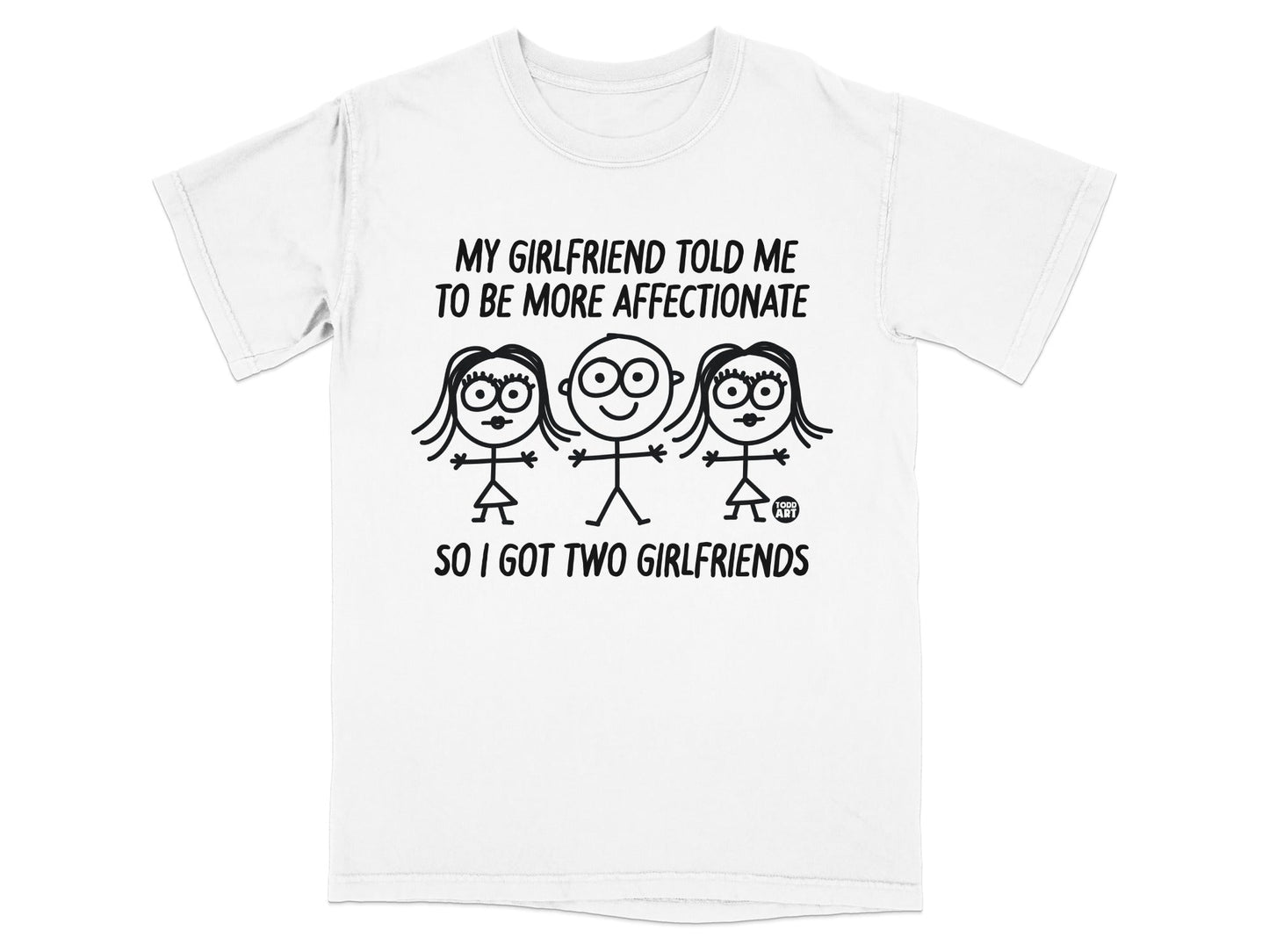 T-shirt with drawing of three stick figures and text about affection.
