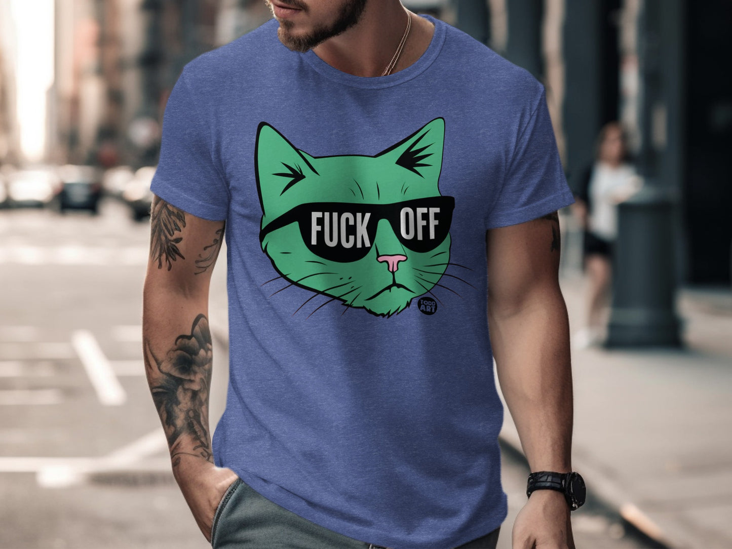 Green Cat With Sunglasses Fuck Off Graphic Tee