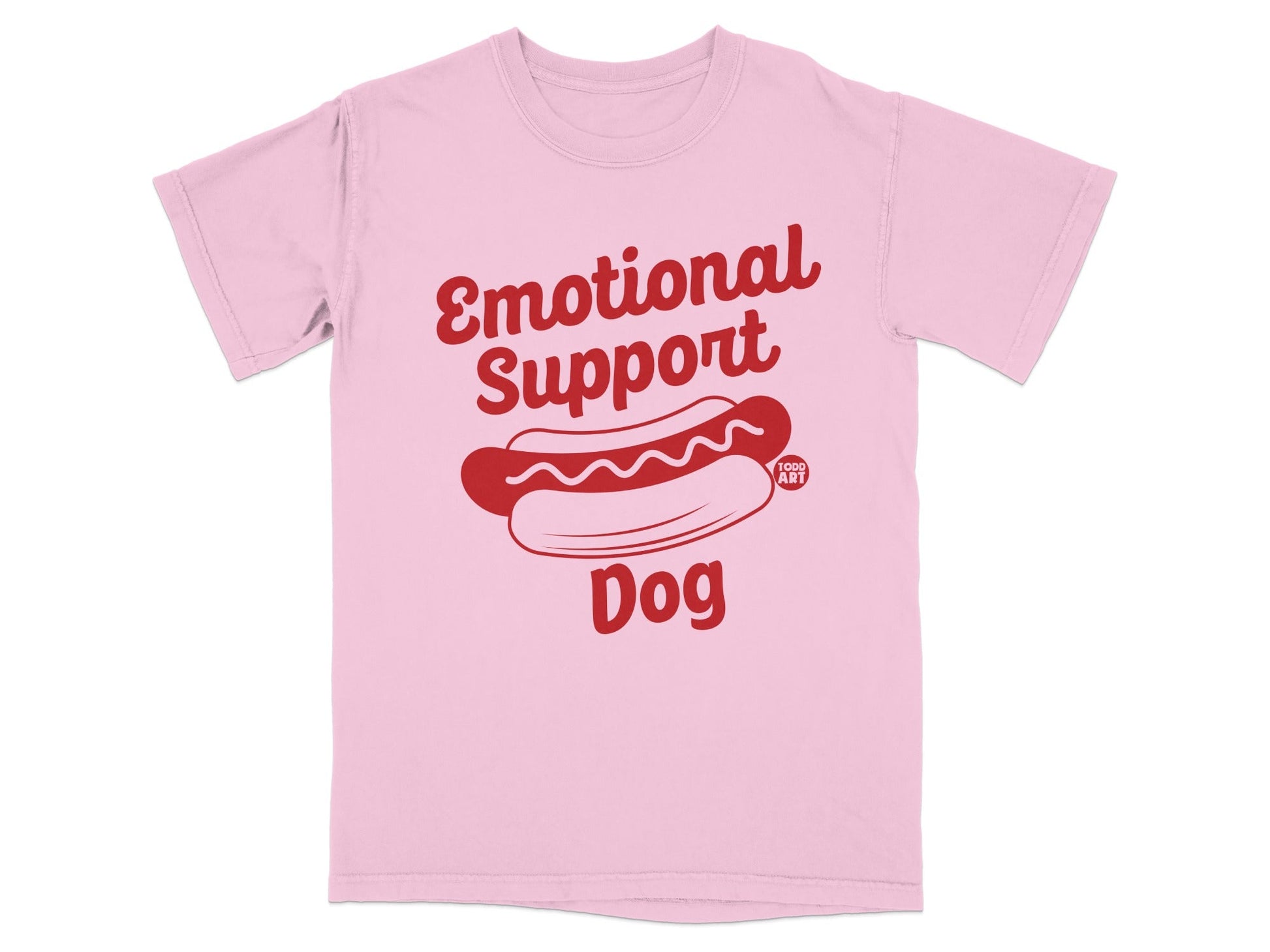 Pink t-shirt with "Emotional Support Dog" and hot dog graphic.