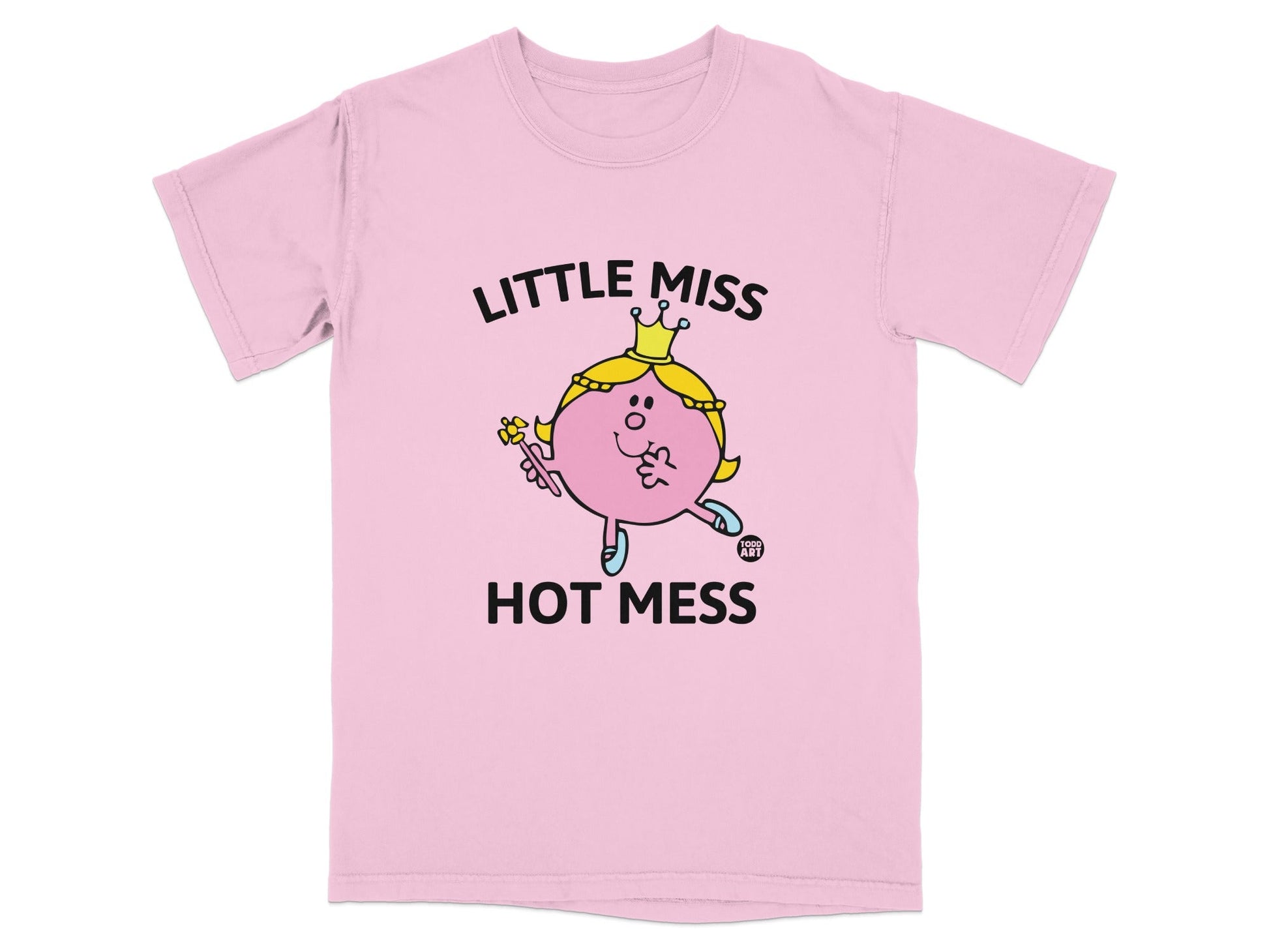 Pink t-shirt with "LITTLE MISS HOT MESS" text and character graphic.