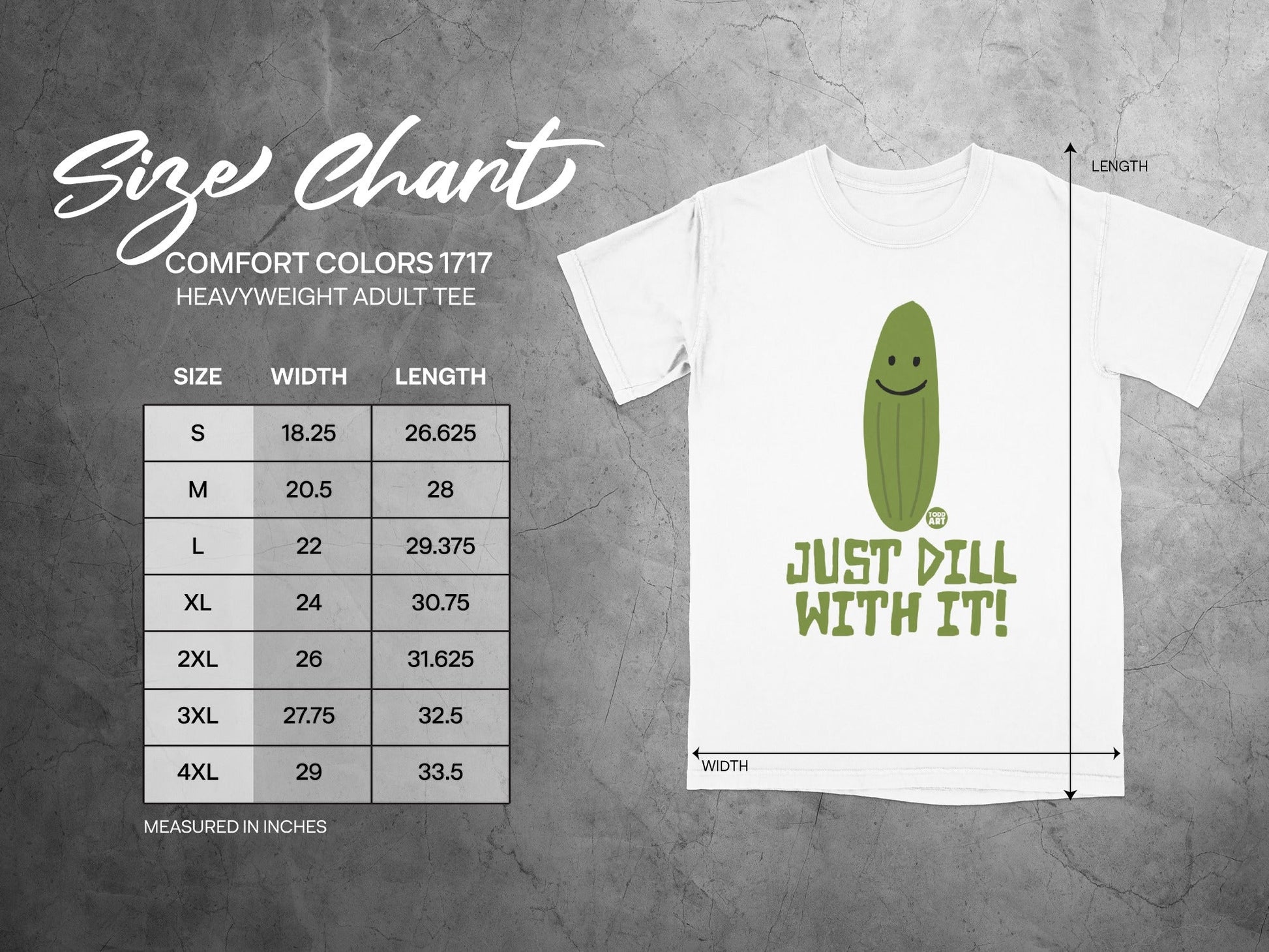 Size chart for Comfort Colors 1717 heavyweight adult tee with pickle graphic.