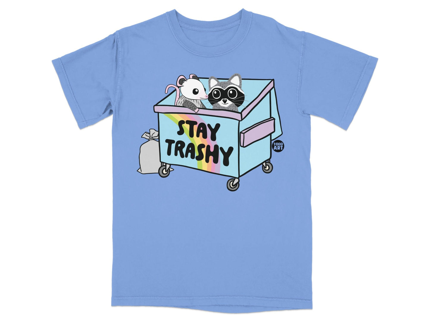 Raccoon and mouse in a dumpster with "STAY TRASHY" text and rainbow.